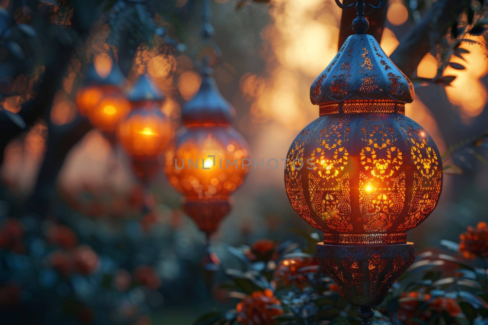 Decorative Arabic lantern with burning candle, glowing in the night. Festive card, invitation to the holy holiday for Muslims Eid al adha.