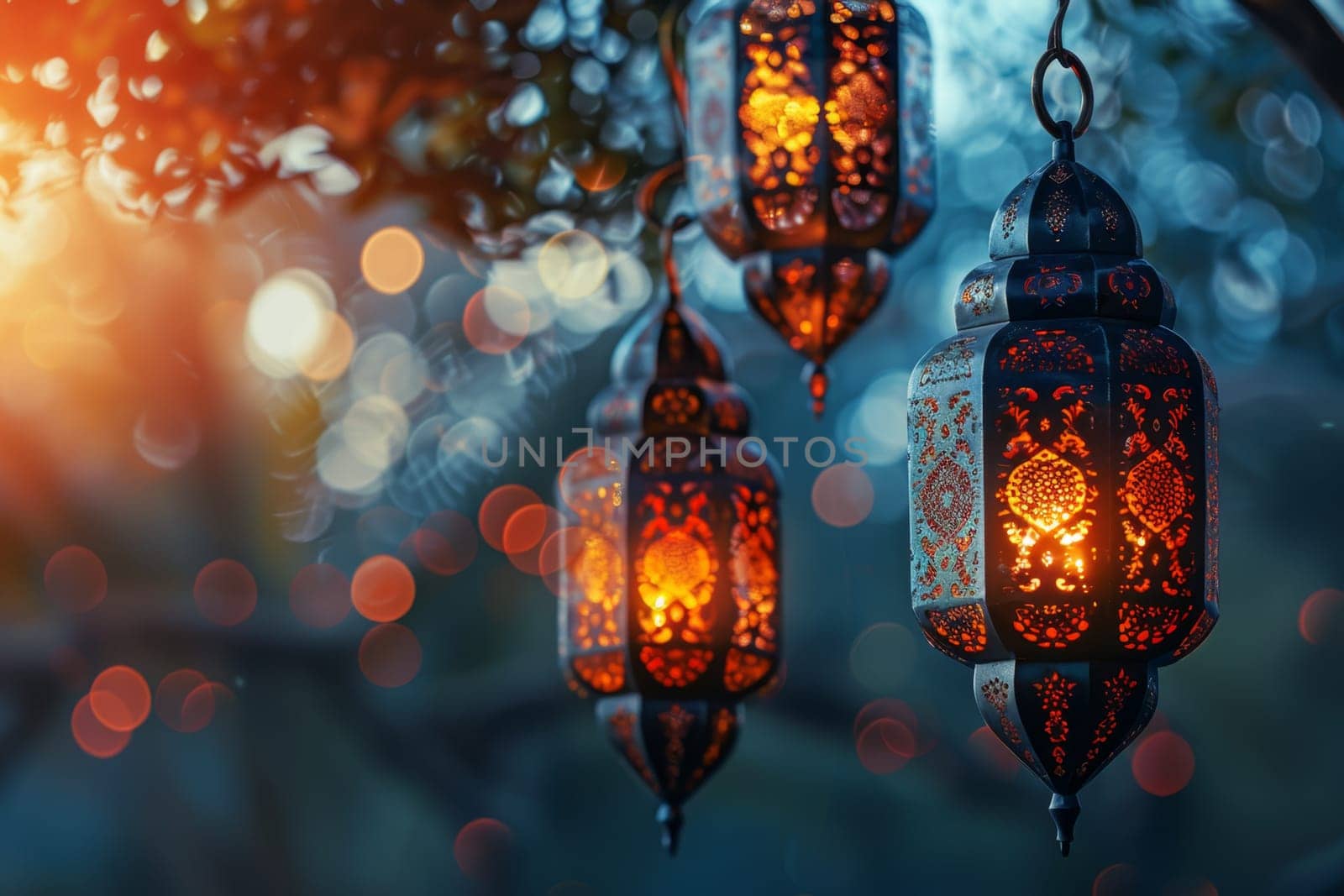 Decorative Arabic lantern with burning candle, glowing in the night. Festive card, invitation to the holy holiday for Muslims Eid al adha by Lobachad