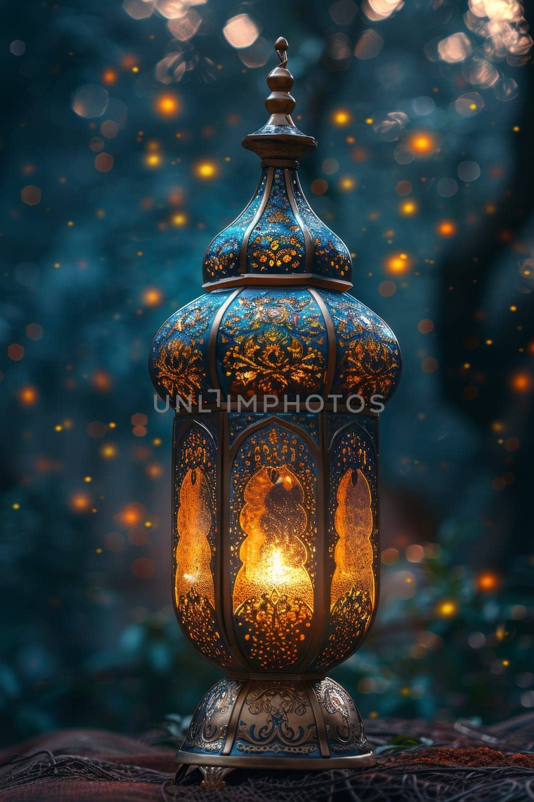 Decorative Arabic lantern with burning candle, glowing in the night. Festive card, invitation to the holy holiday for Muslims Eid al adha.