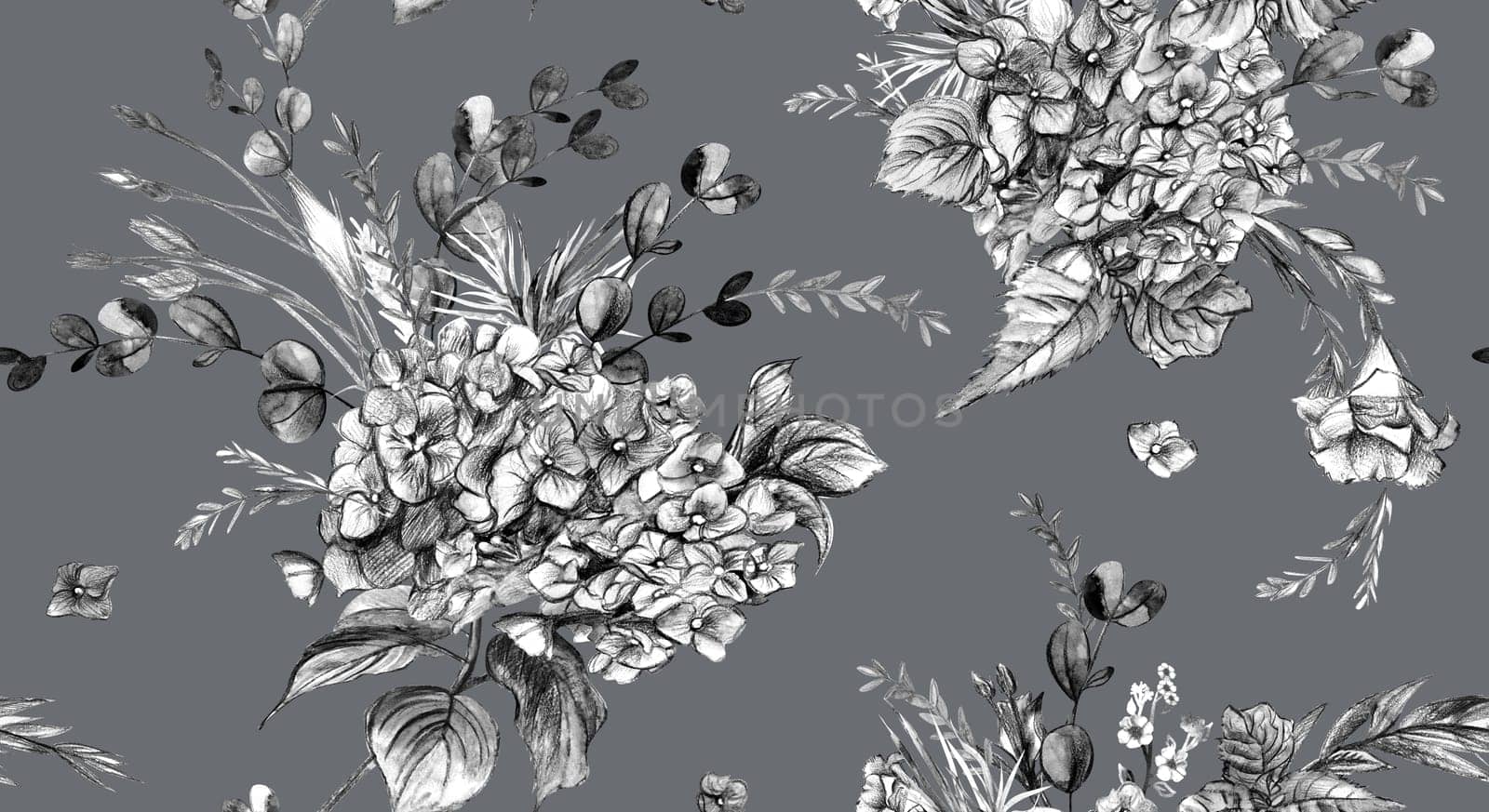 botanical pattern with black and white hydrangea flowers drawn in watercolor and pencil on a gray background for textiles and surface design
