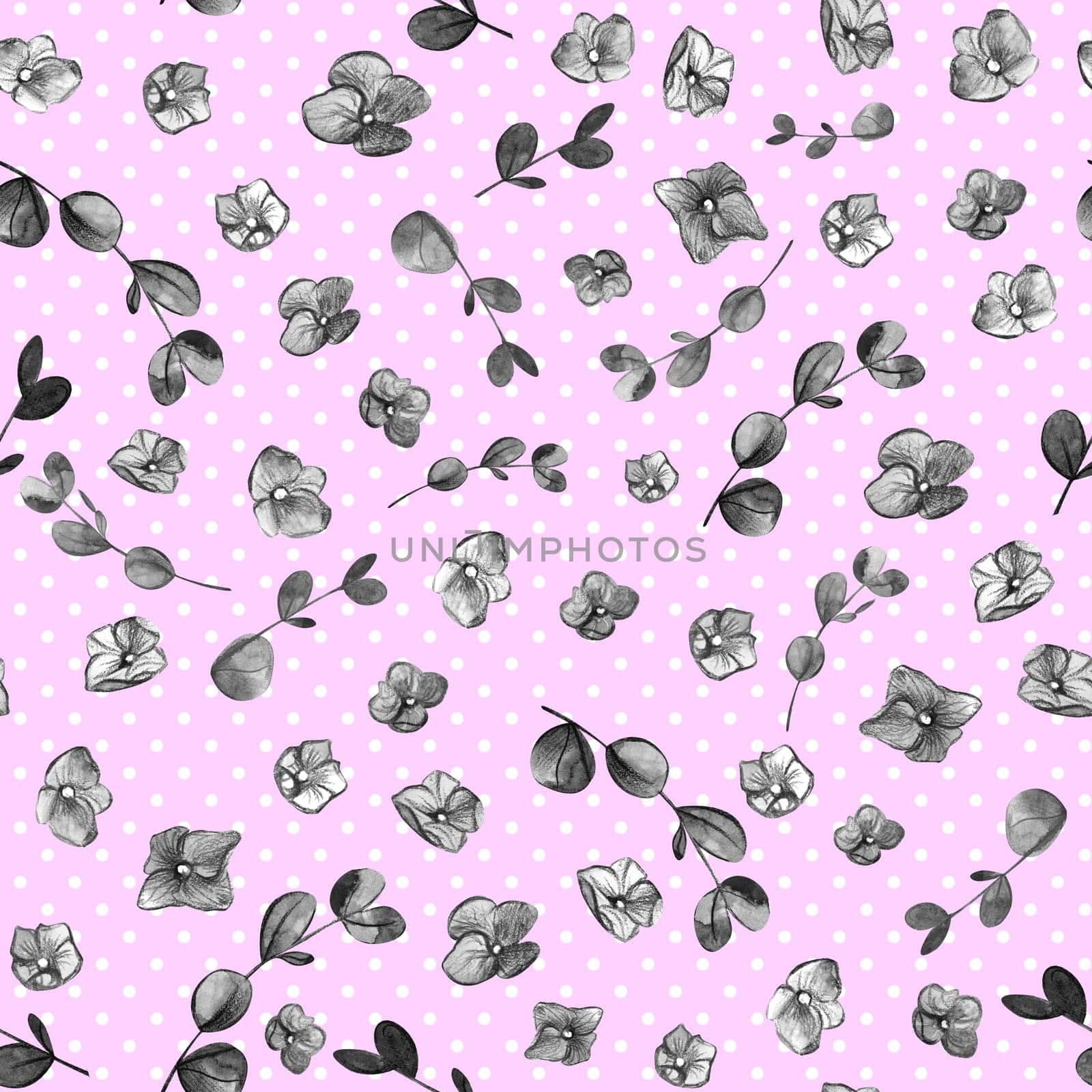 Cute black and white Seamless pattern with small flowers on a pastel pink background with white polka dots. Realistic botanical summer textile