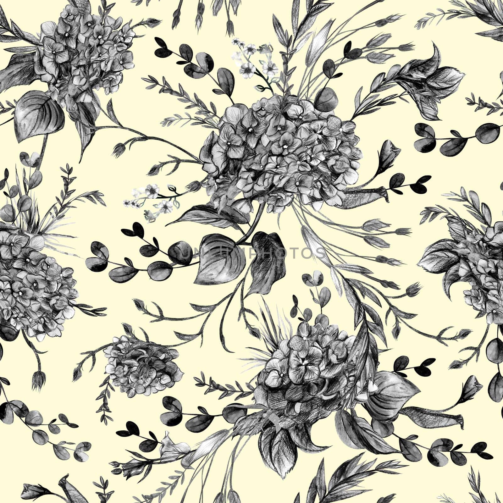 Seamless botanical monochrome pattern with hydrangea flowers and leaves drawn in pencil and watercolor on a yellow background for textile and surface design