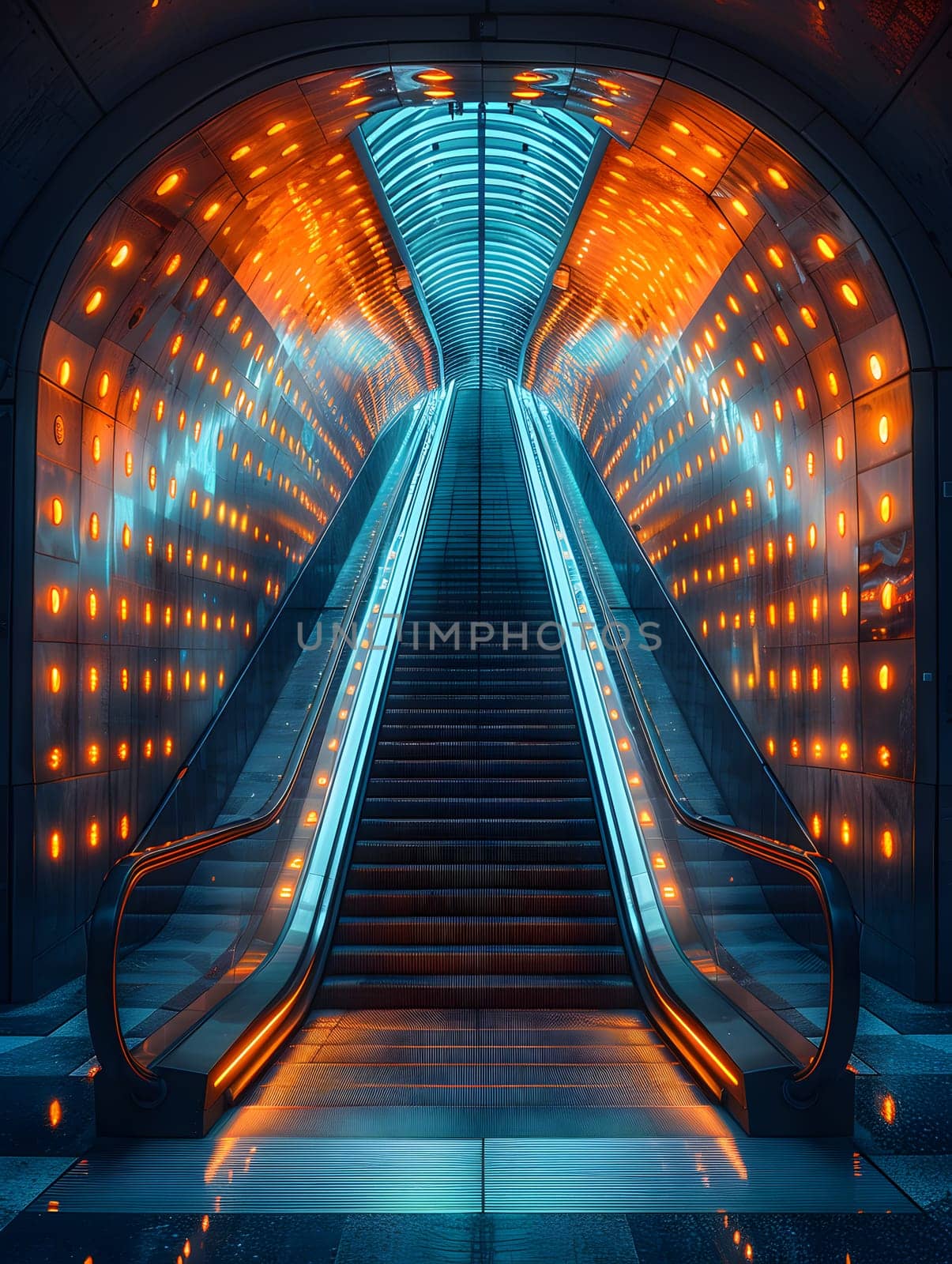 An automotive lighting escalator in a city tunnel, featuring a symmetrical design with tints and shades creating an artistic triangle effect, powered by electricity
