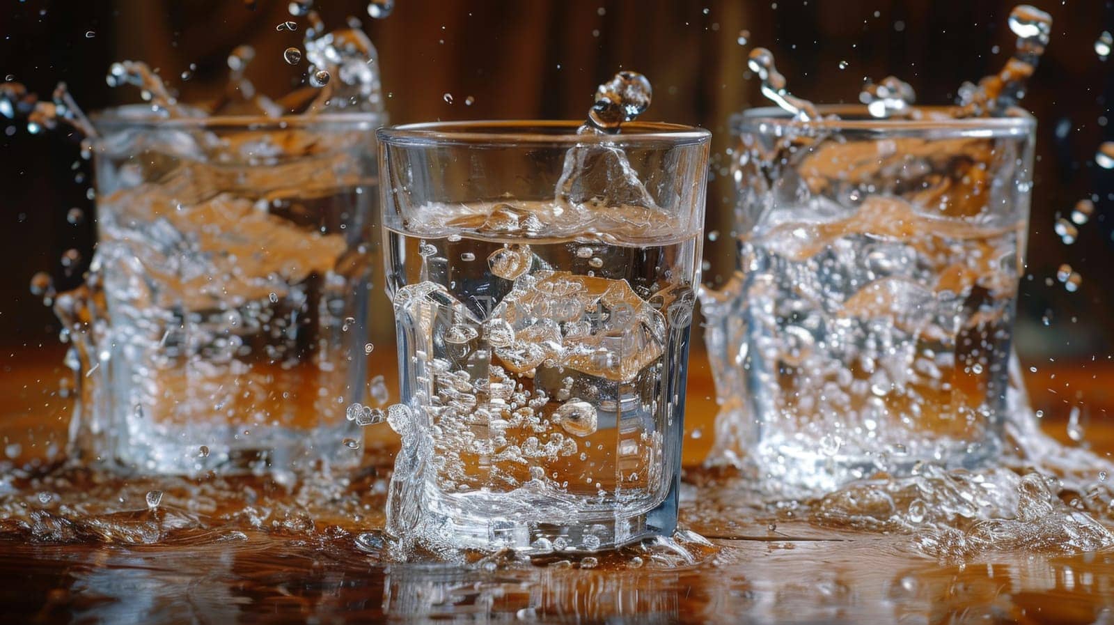 Three glasses of clear water with bubbles standing on the table.