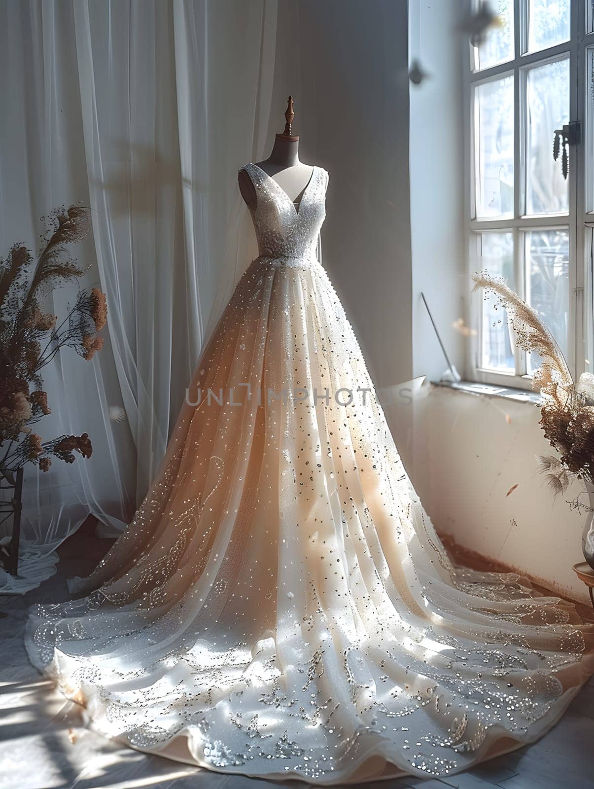 A stunning wedding gown is elegantly displayed on a mannequin by a window, showcasing intricate fashion design. The wood flooring complements the bridal accessory beautifully
