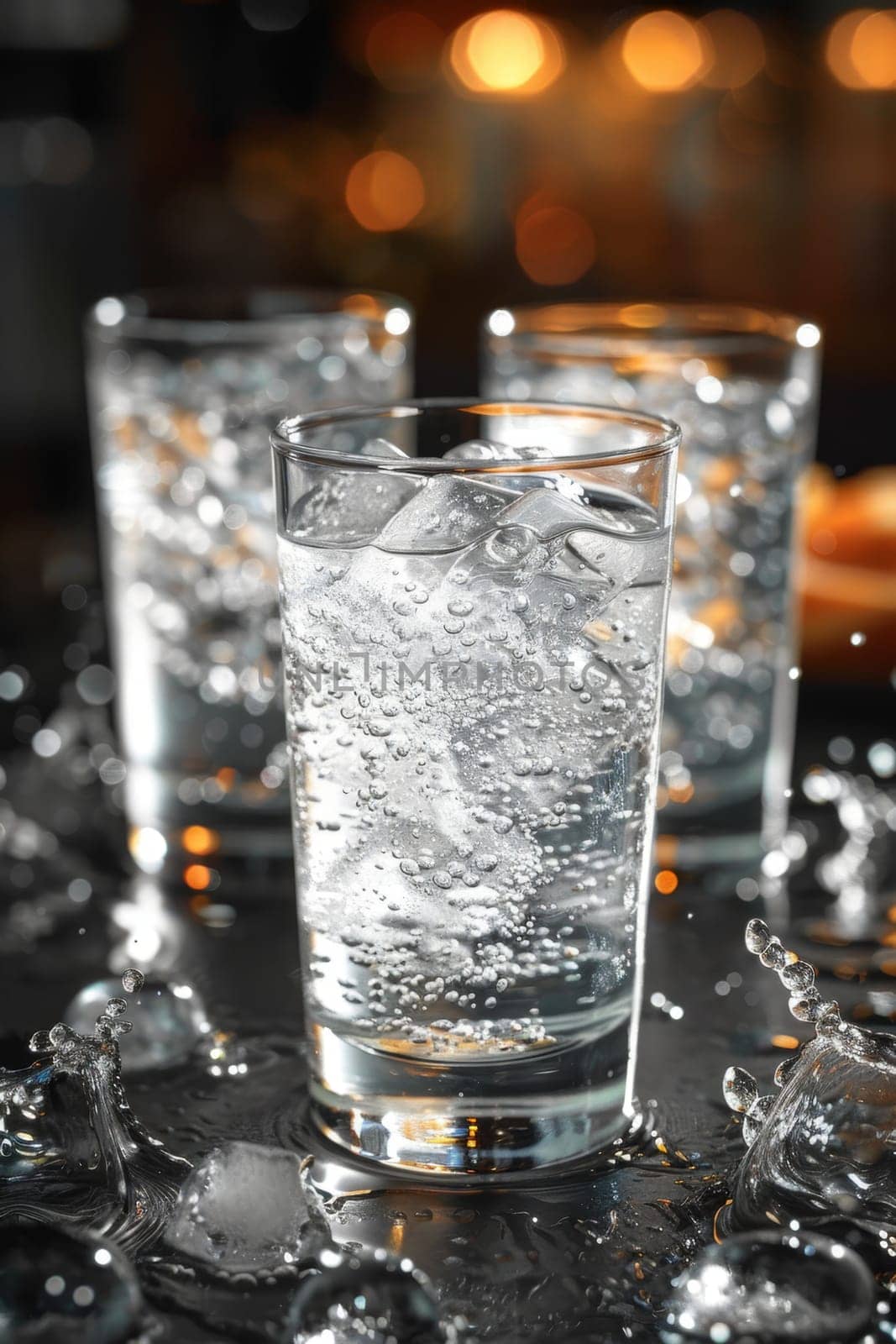 Three glasses of clear water with bubbles standing on the table by Lobachad