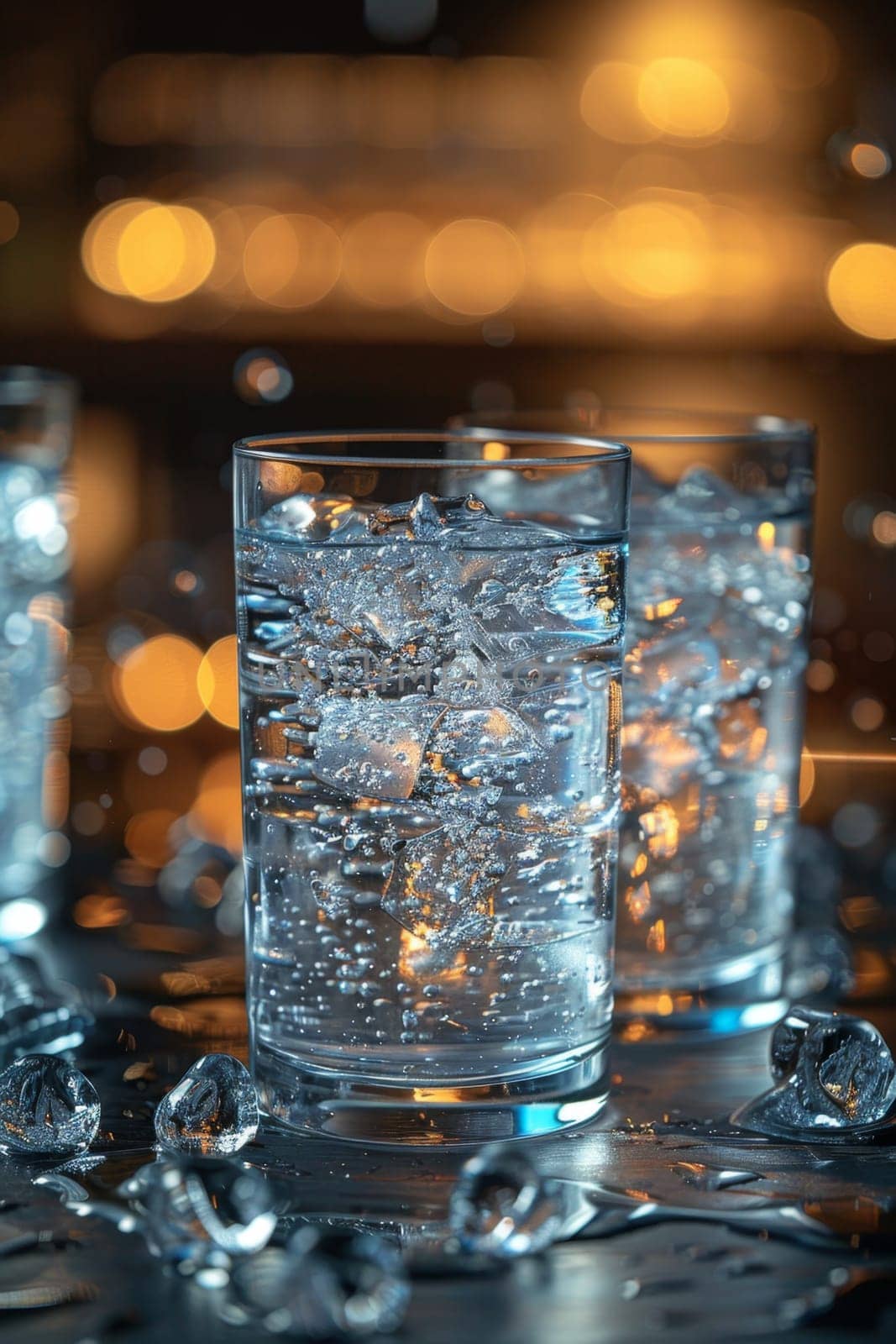 Three glasses of clear water with bubbles standing on the table by Lobachad