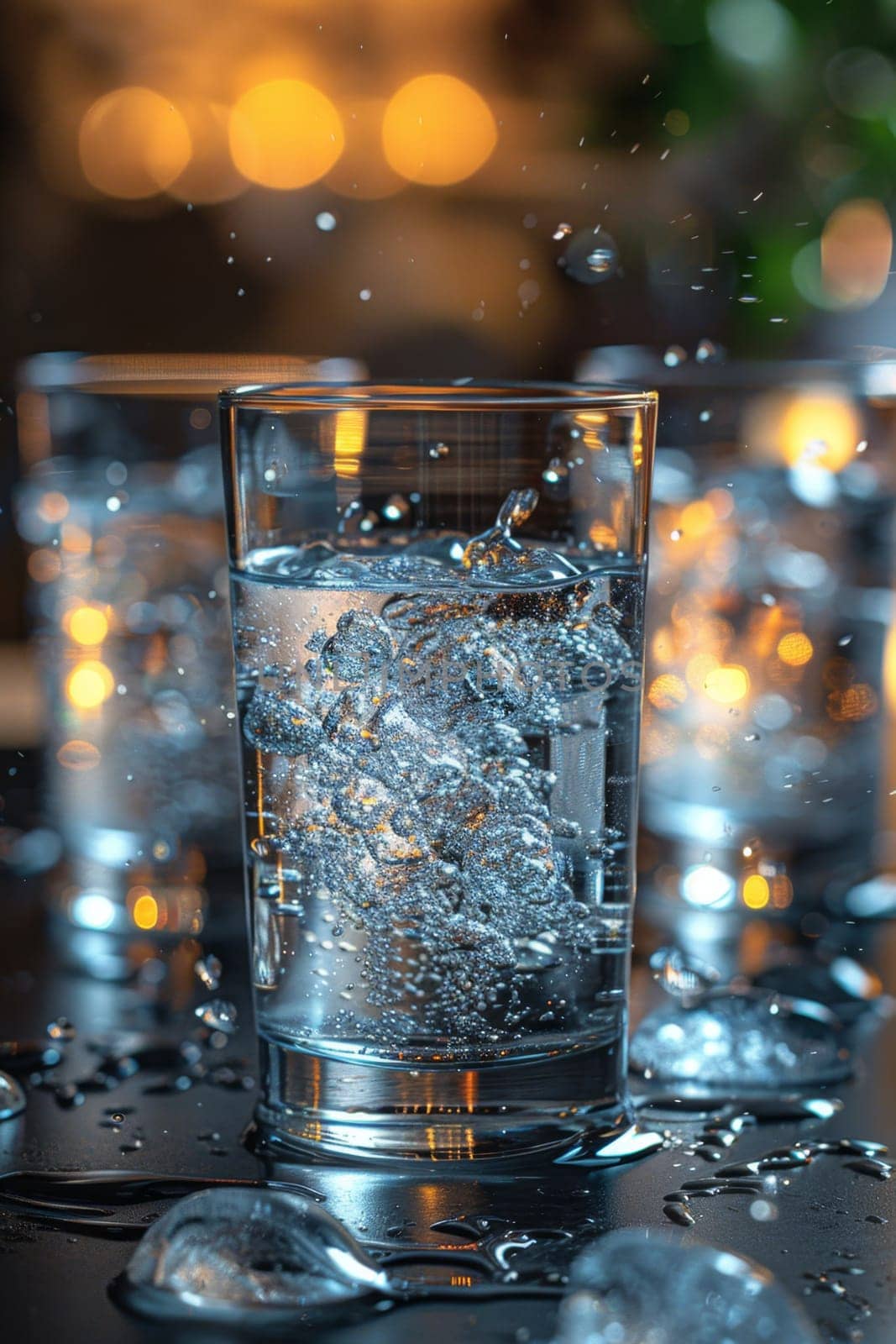 Three glasses of clear water with bubbles standing on the table.