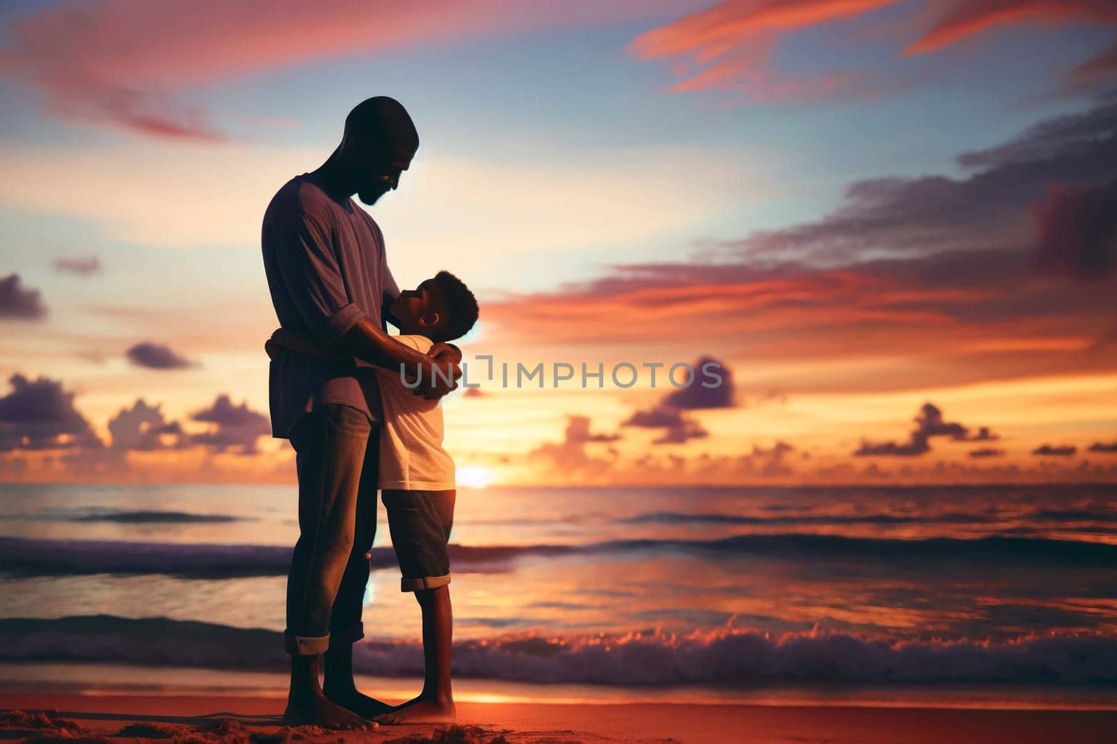 father hugging his son on the beach at sunset by Annado