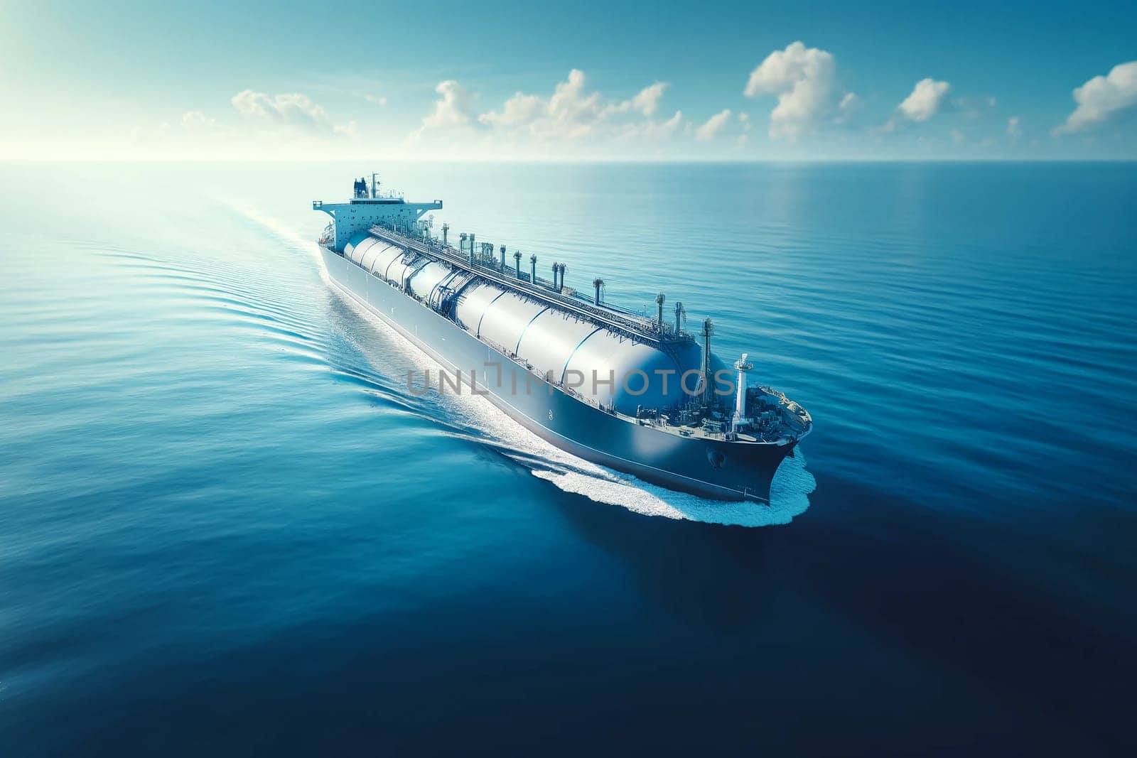 a liquefied gas tanker with a streamlined hull and cylindrical storage tanks against a calm blue ocean background by Annado
