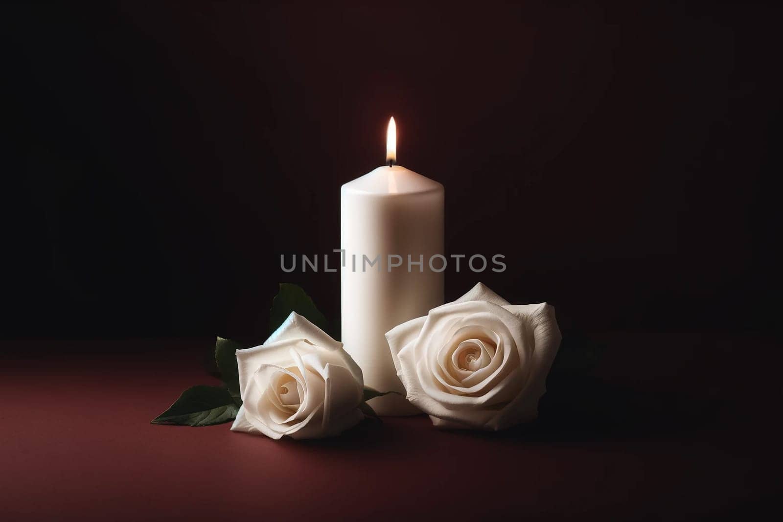 white candle and two white roses on a very dark burgundy background, a symbol of mourning and memory.