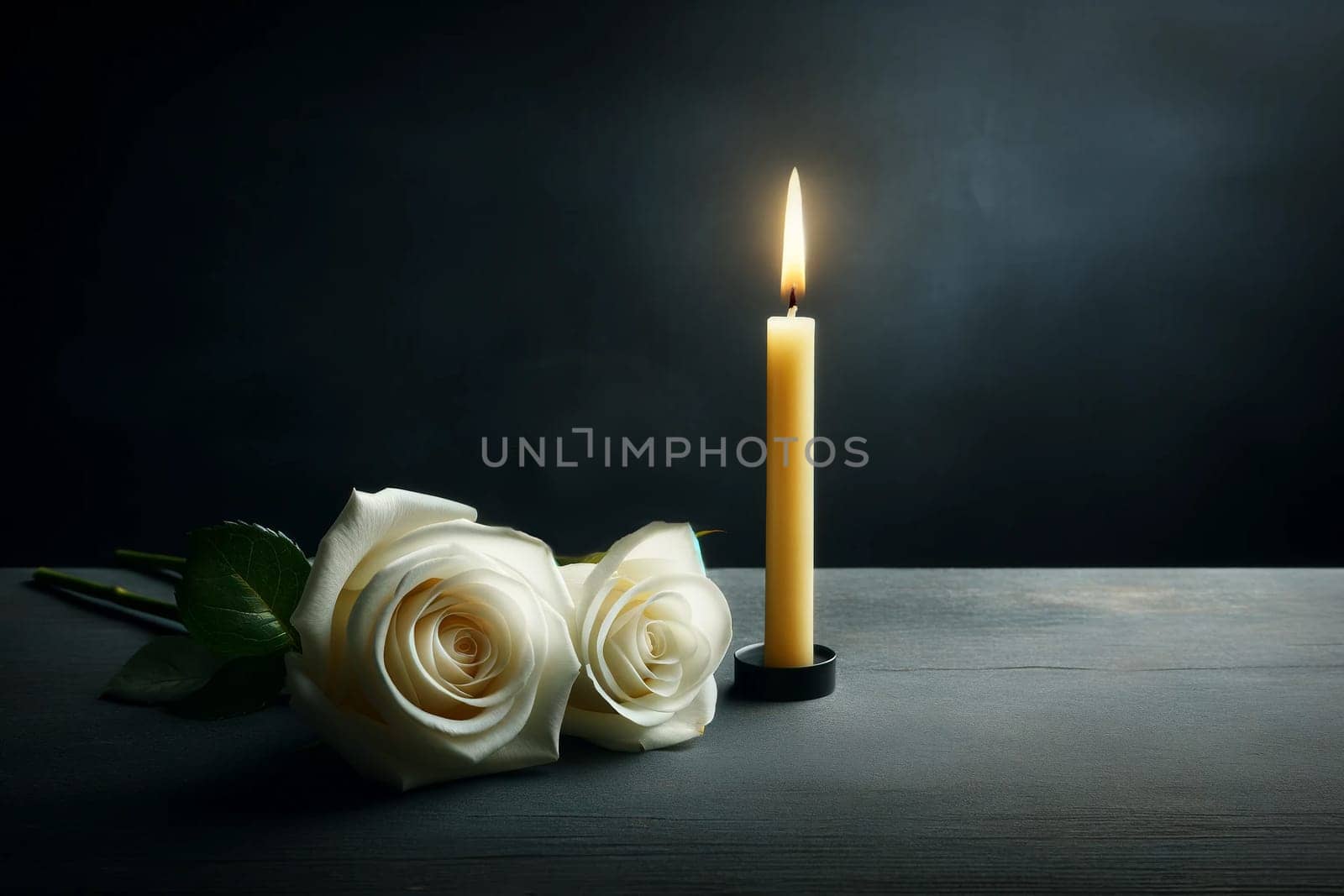 a thin yellow wax candle and two white roses as a symbol of memory, mourning and respect, copy space