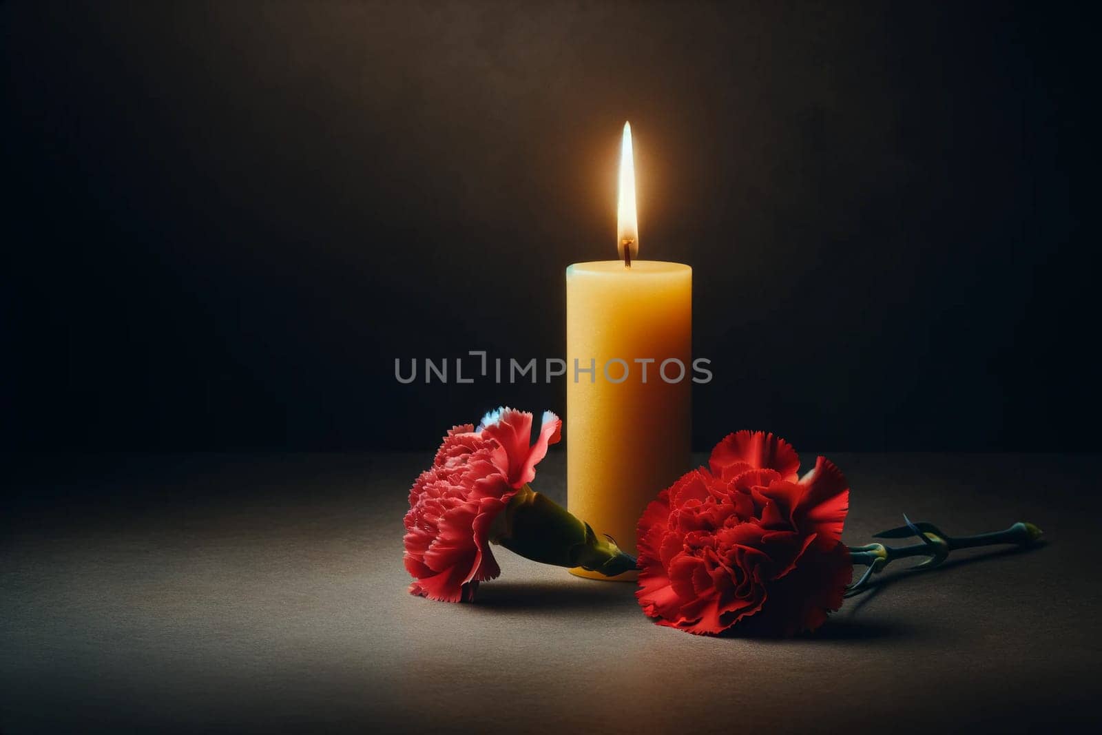burning yellow wax candle and two red carnations on a dark background, a symbol of mourning and memory by Annado