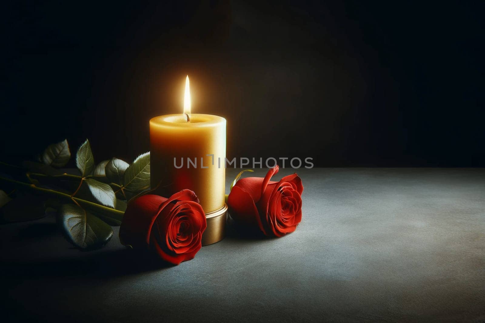 burning thin yellow wax candle and two red roses on a dark background, mourning concept, copy space by Annado