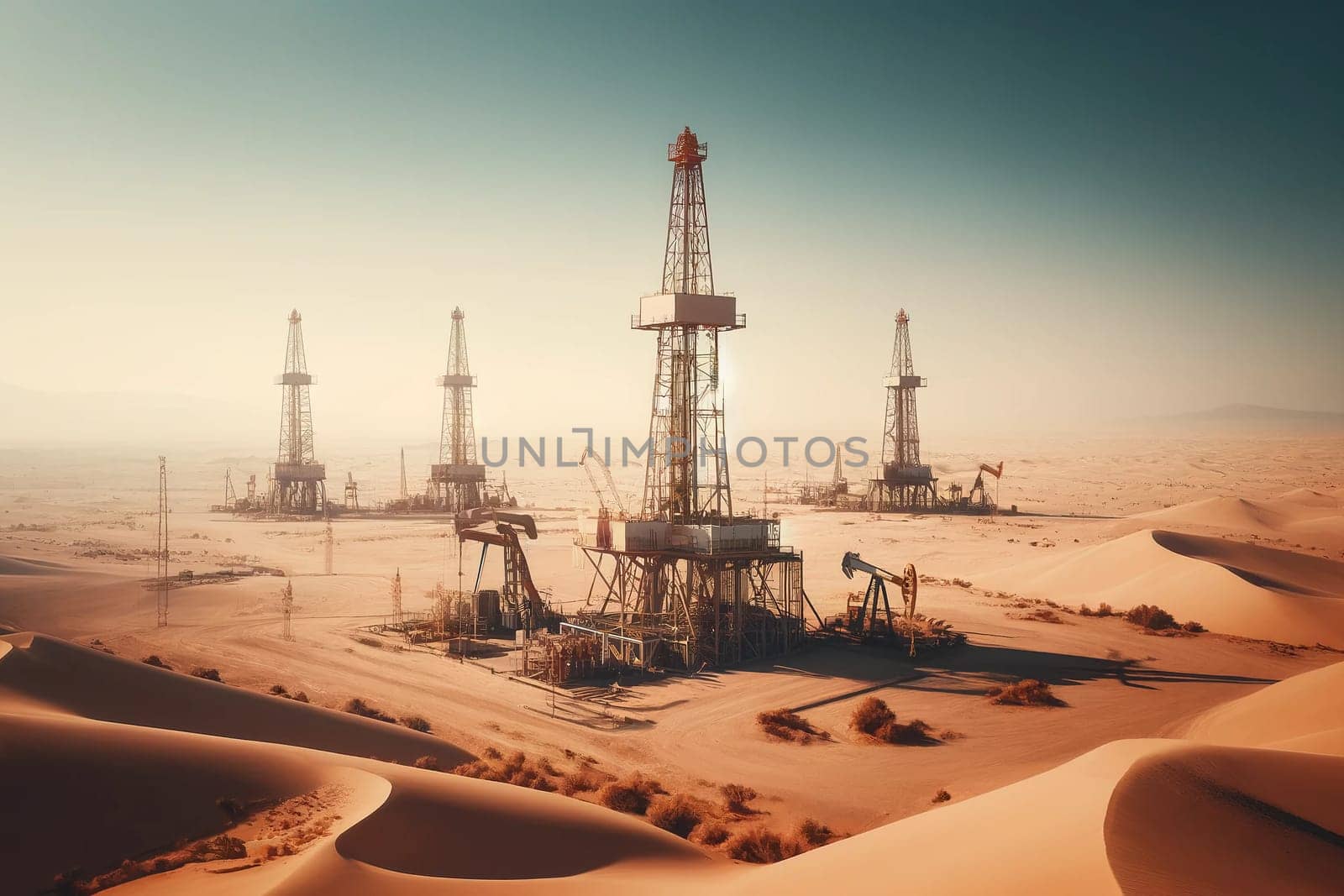 oil rigs in desert landscape under clear blue sky.