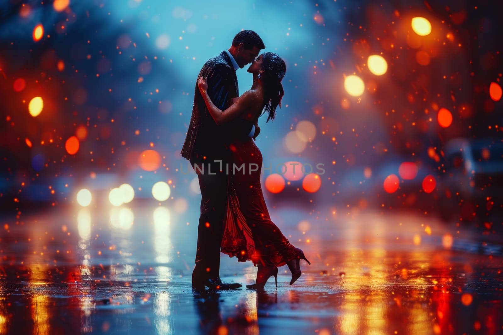A pair of tango dancers in elegant suits and dresses pose dancing in the sunset light. Attractive man and woman dancing while looking at each other by Lobachad