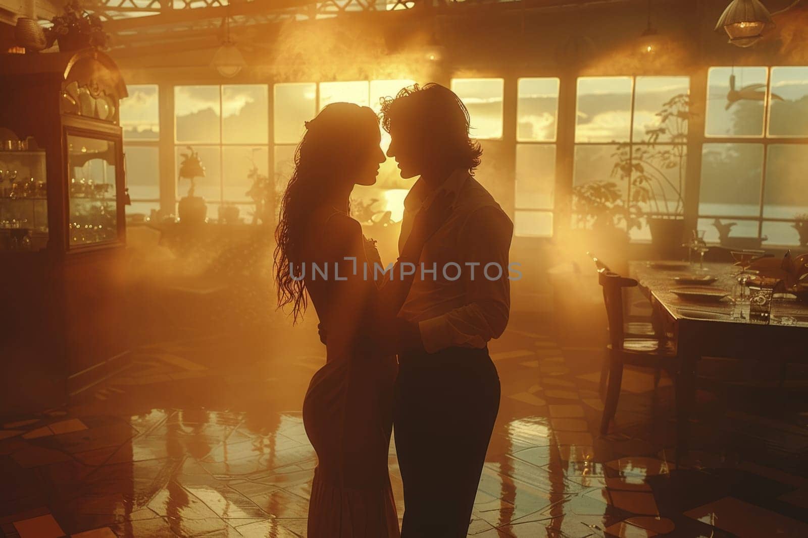 A pair of tango dancers in elegant suits and dresses pose dancing in the sunset light. Attractive man and woman dancing while looking at each other by Lobachad