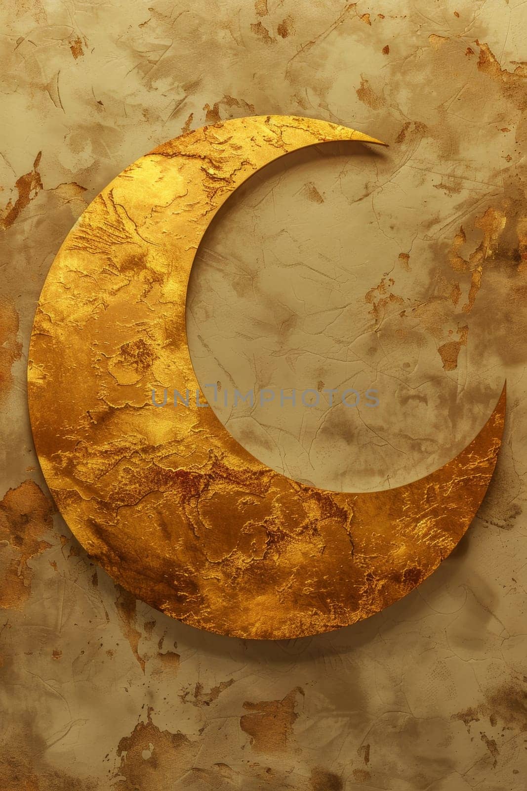 Abstract shiny golden crescent on beige background.