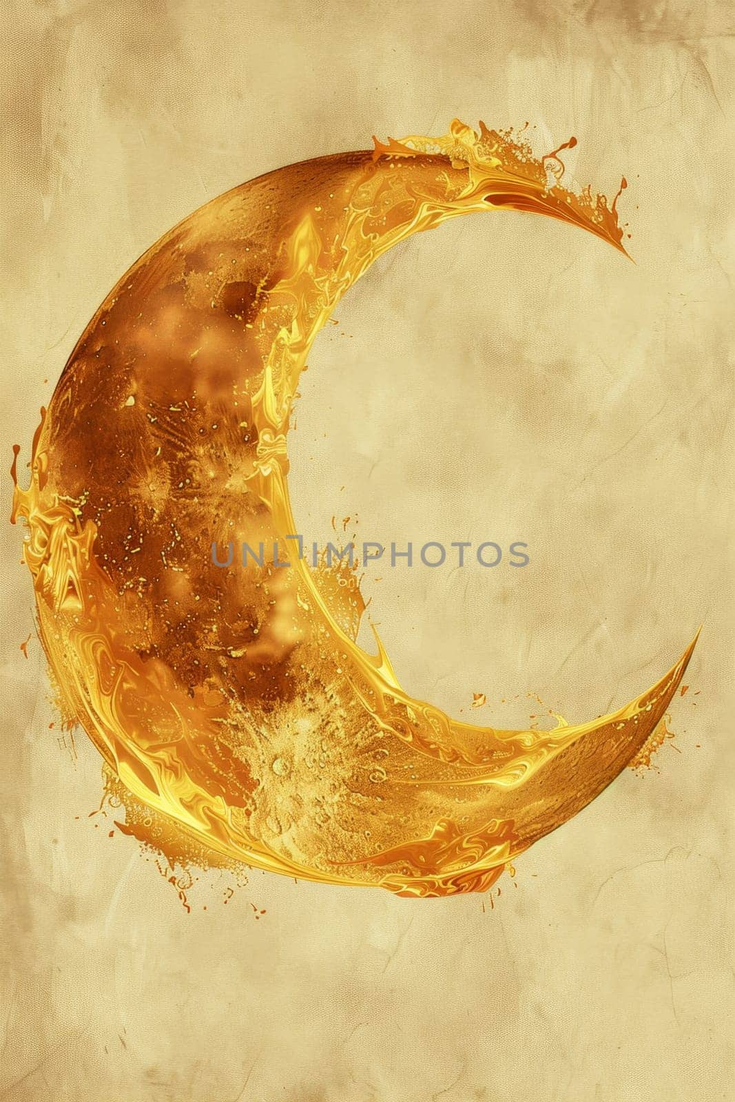 Abstract shiny golden crescent on beige background.