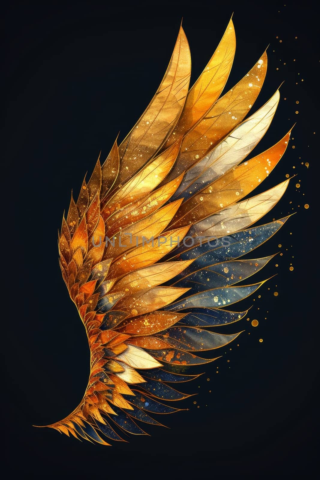 A golden wing on a black background. Illustration by Lobachad