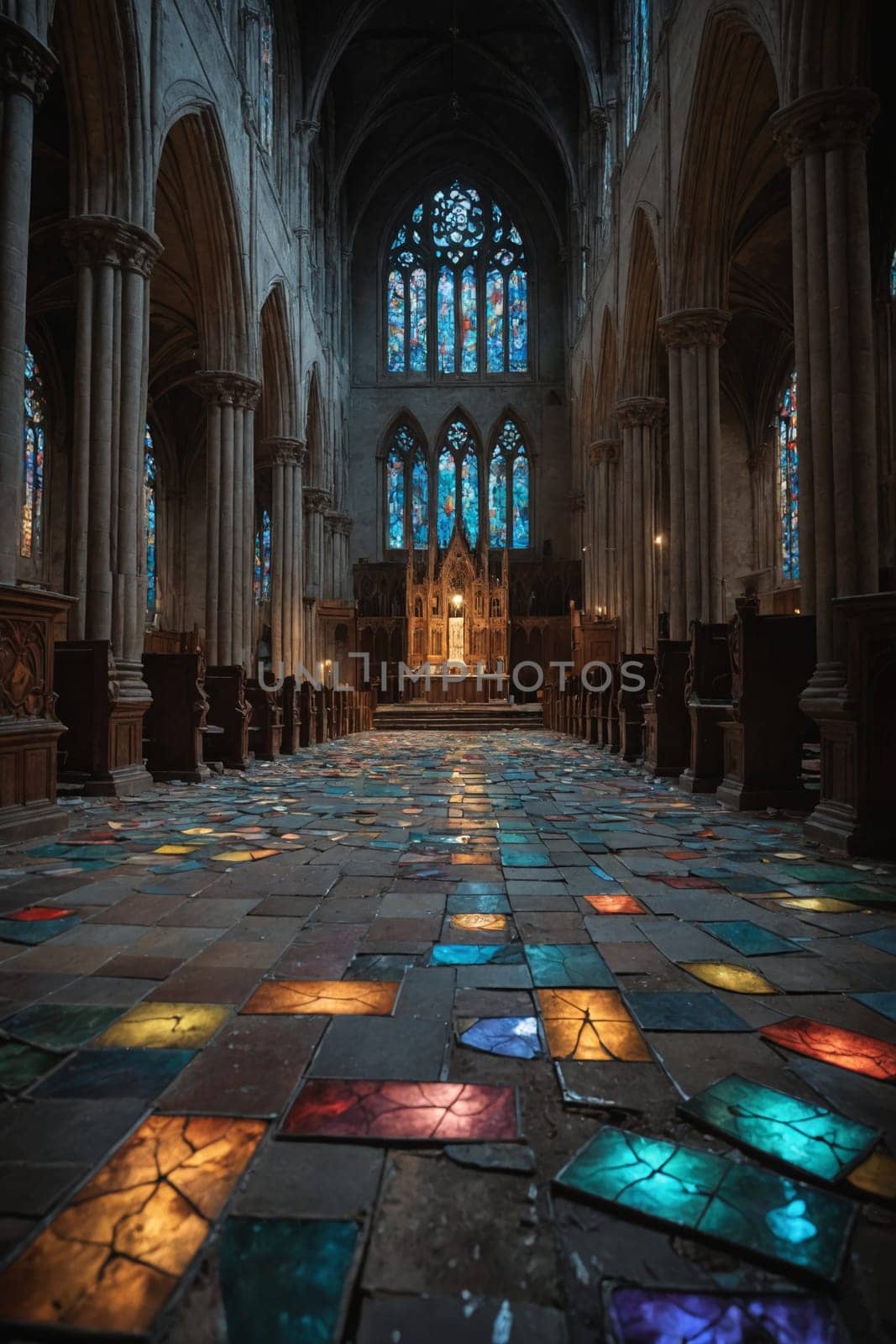 Candles and stained glass windows create vivid reflections inside the church.