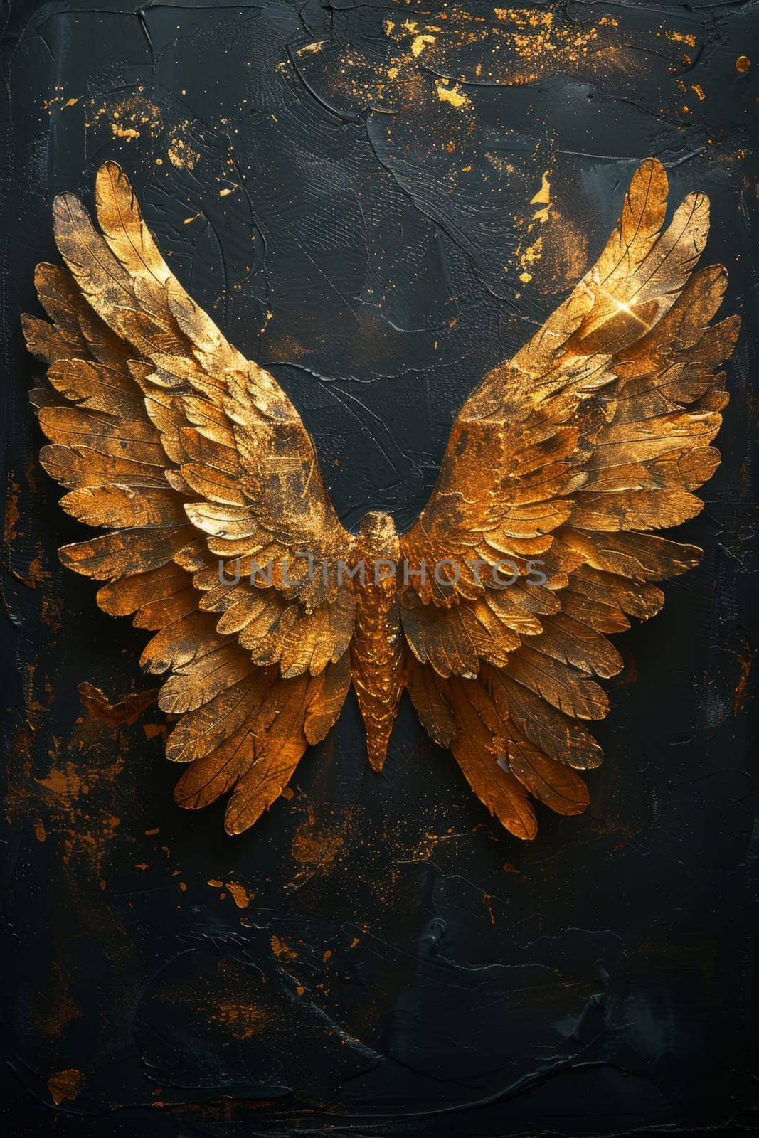 A bird with golden wings on a black background. Illustration by Lobachad