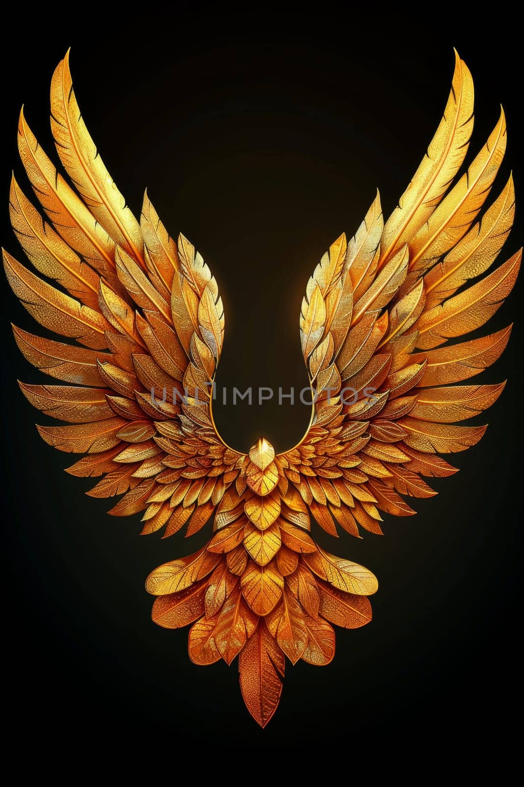 A bird with golden wings on a black background. Illustration by Lobachad