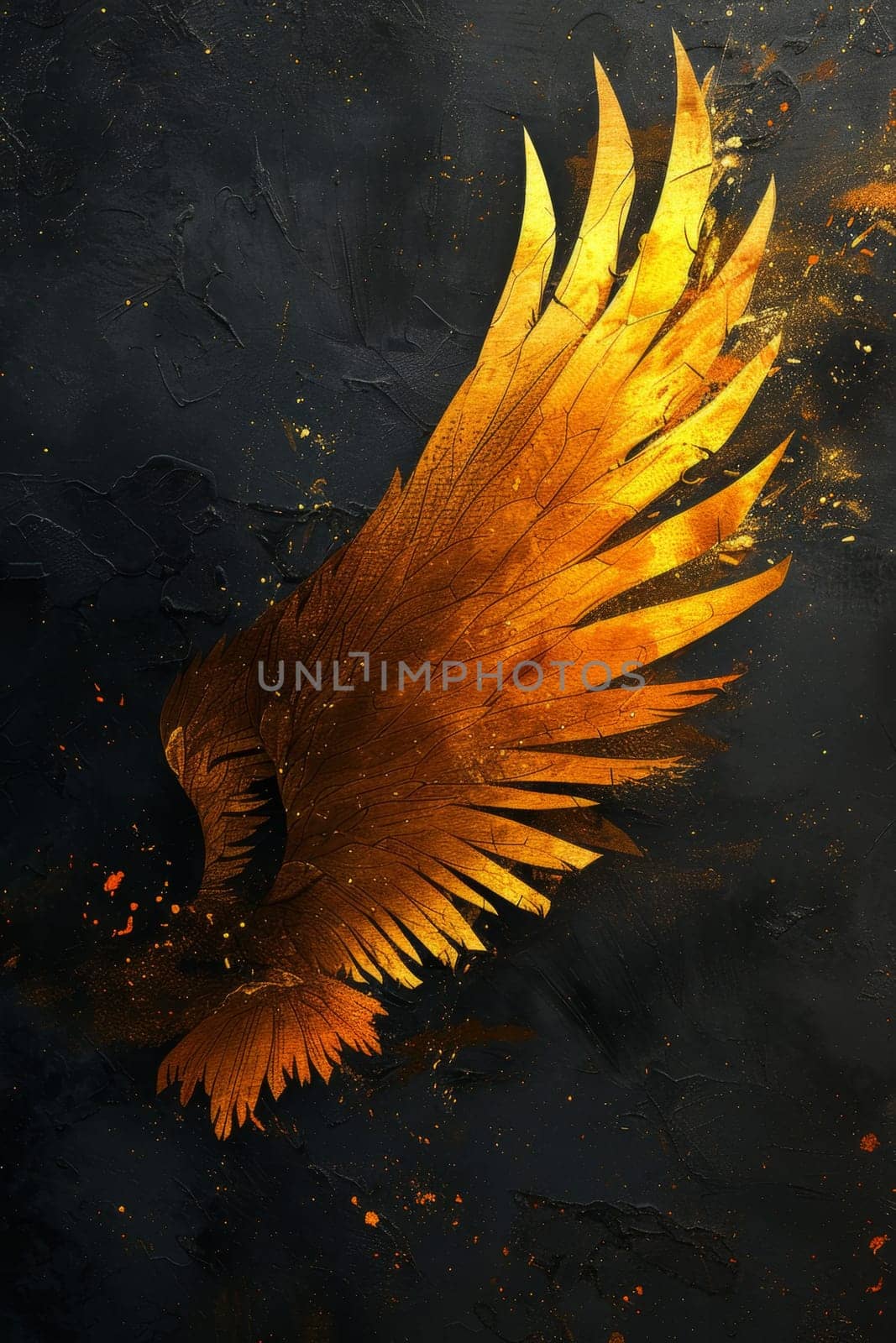 A golden wing on a black background. Illustration by Lobachad