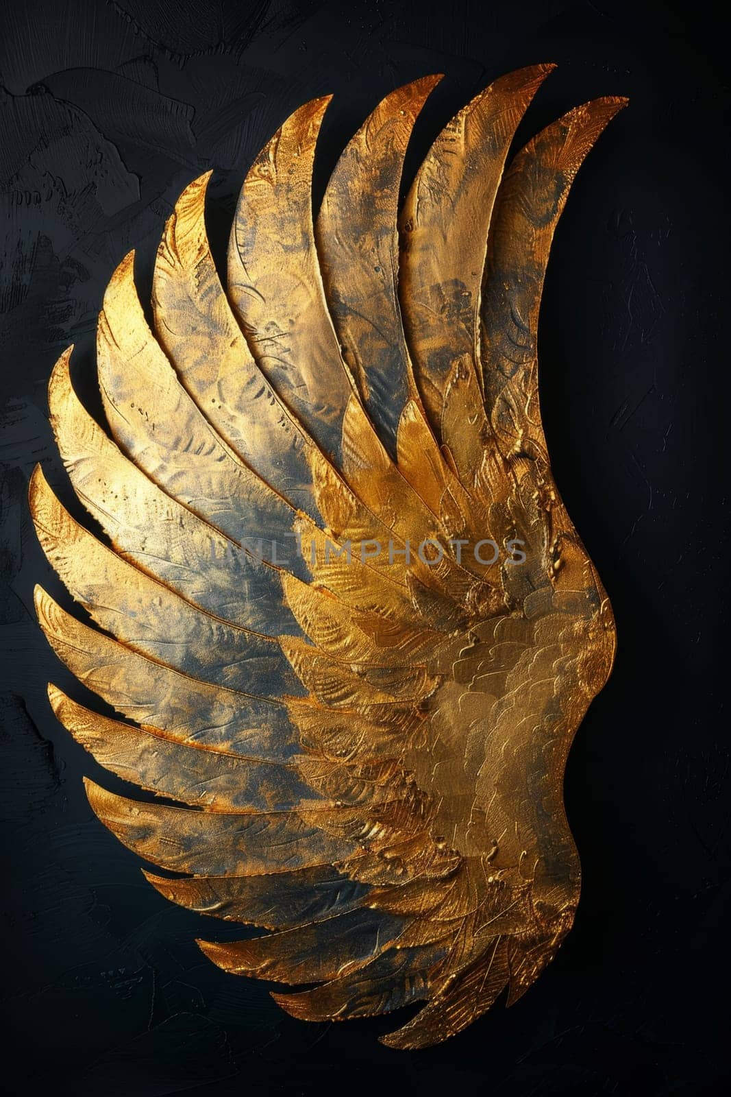 A golden wing on a black background. Illustration by Lobachad