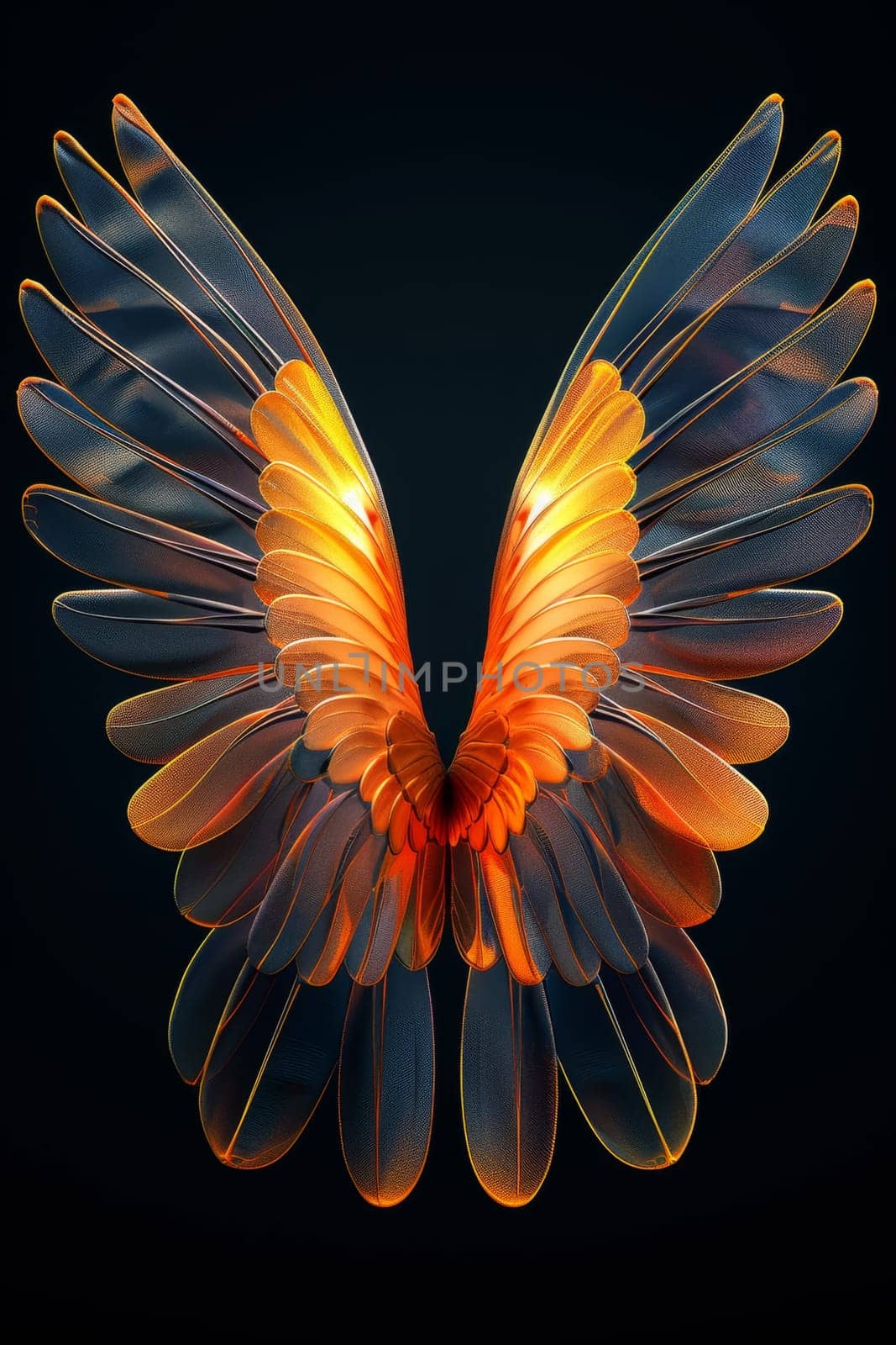 Golden wings on a black background. Illustration by Lobachad