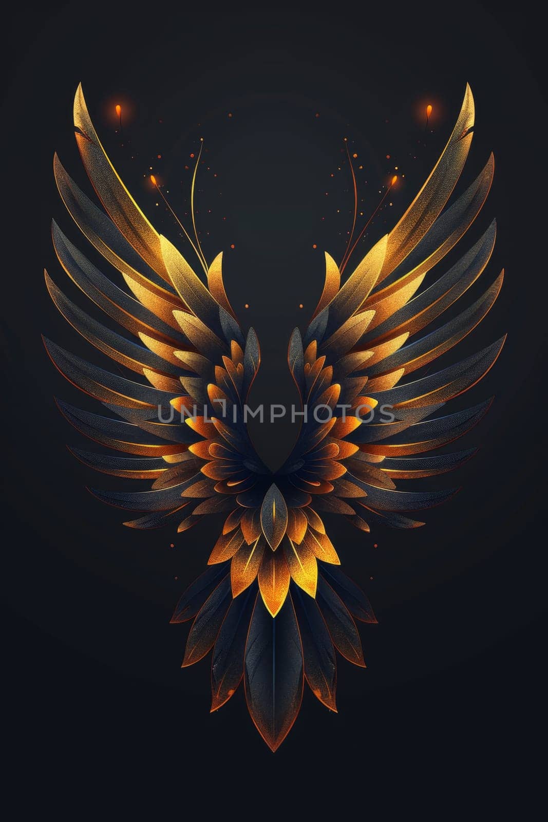 A bird with golden wings on a black background. Illustration by Lobachad