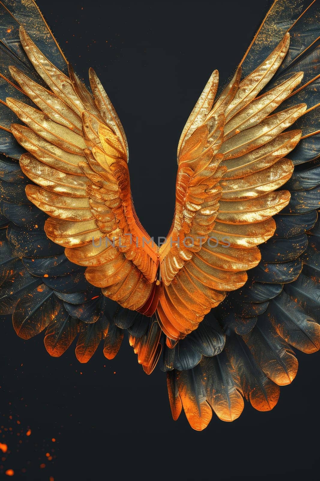 Golden wings on a black background. Illustration by Lobachad