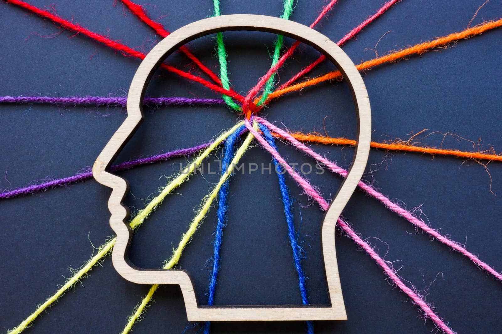 The outline of head and connected colored threads symbolize neurodiversity, autism or creativity.