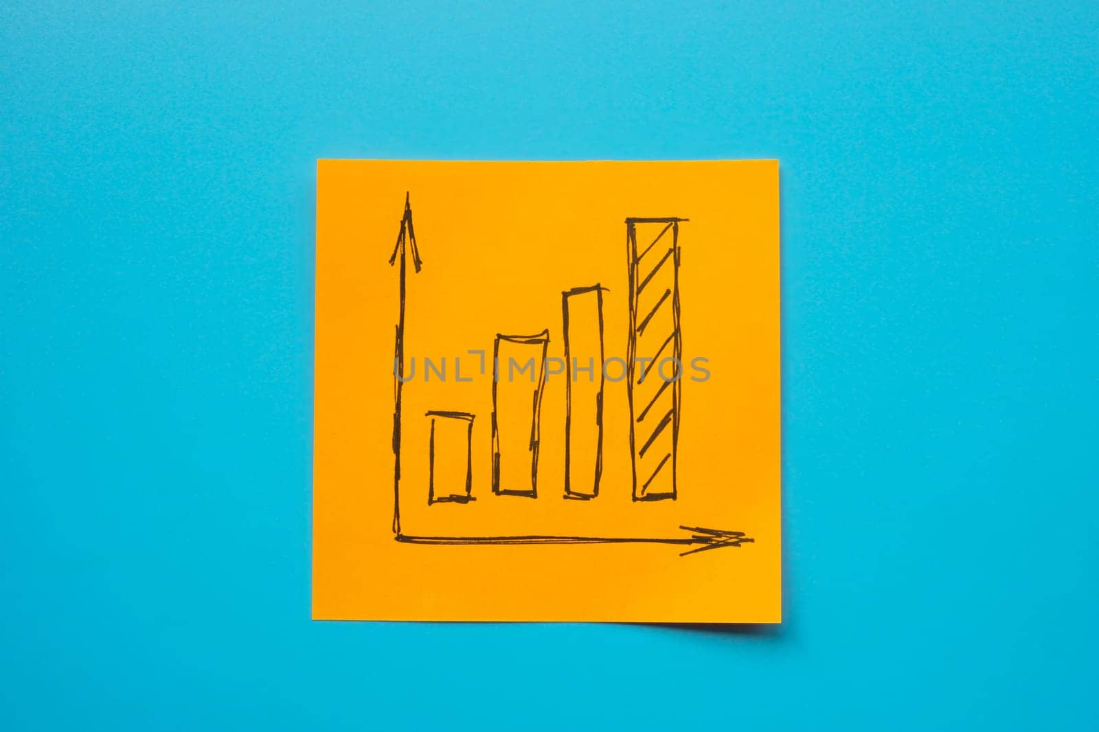 An orange sticker with growing graph symbolizing business success, growth and increase.