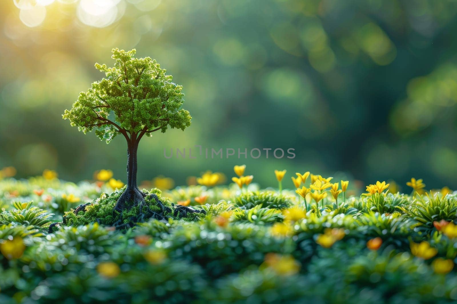 Environment. A young tree growing out of the ground against a background of green nature. World Environment Day by Lobachad