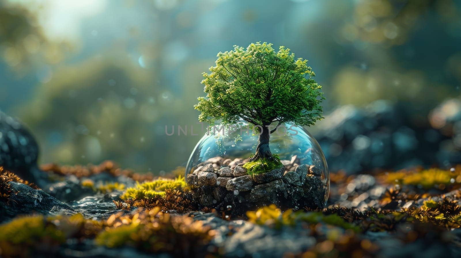 Environment. A young tree growing out of the ground against a background of green nature. World Environment Day.
