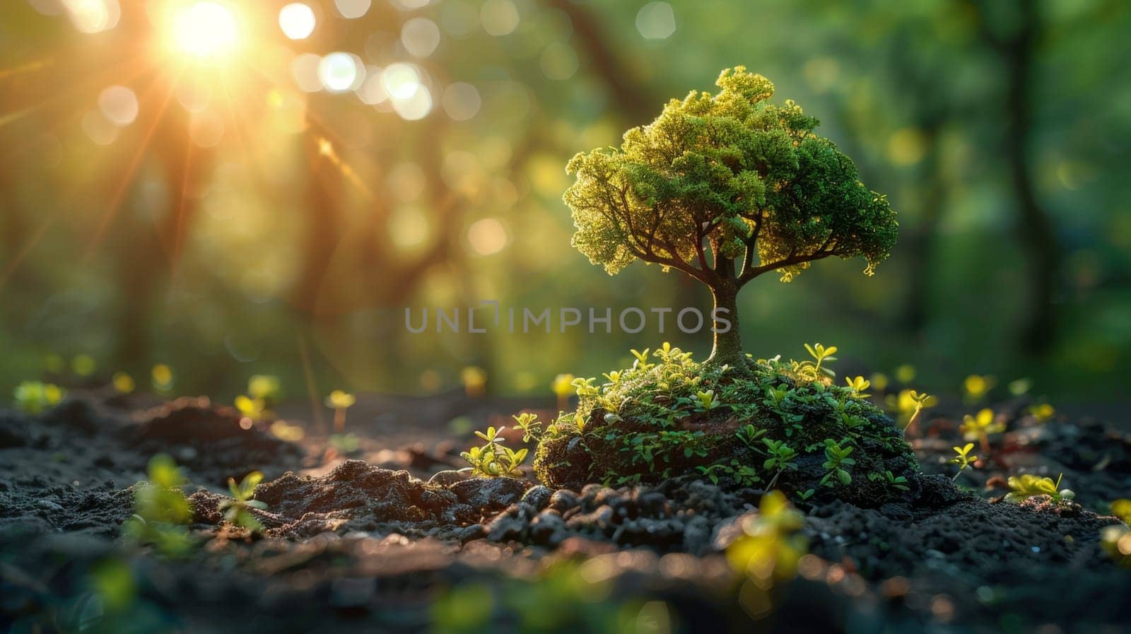 Environment. A young tree growing out of the ground against a background of green nature. World Environment Day by Lobachad