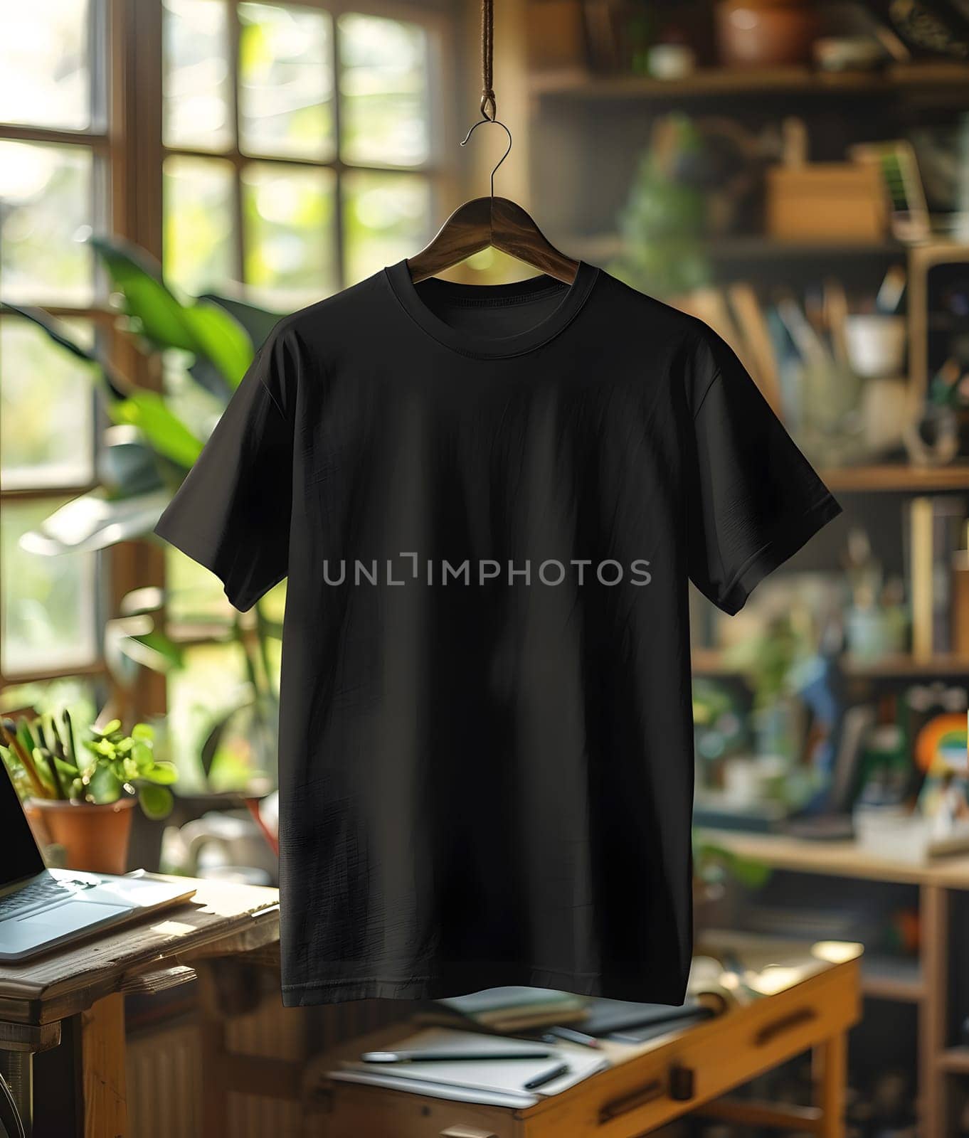 A black tshirt displayed on a wooden hanger in a stylish room by Nadtochiy