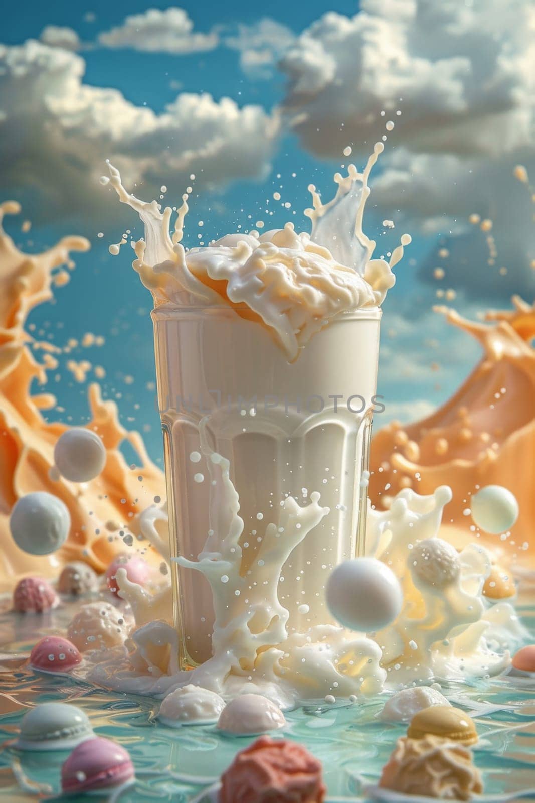 A glass of milk with splashes . World Milk Day.