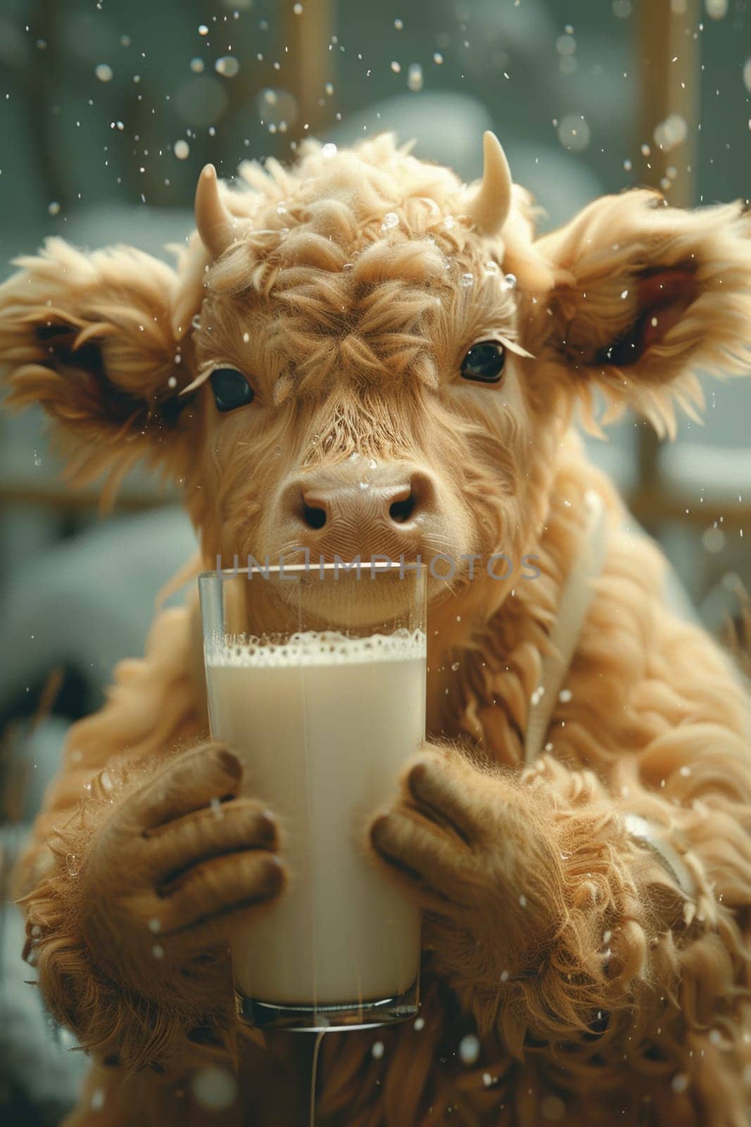 A cow with a glass of milk. World Milk Day.