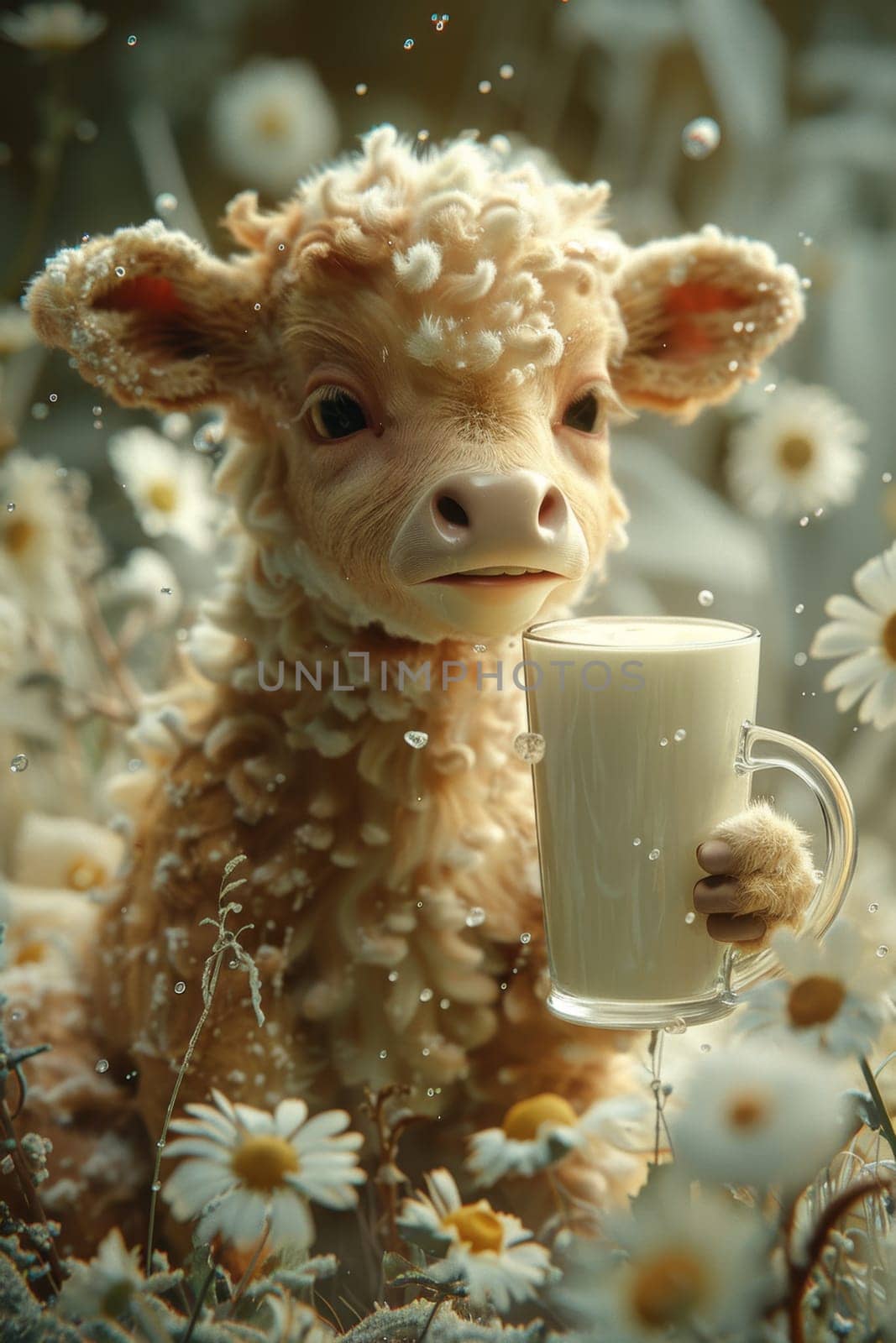 A cow with a glass of milk. World Milk Day.