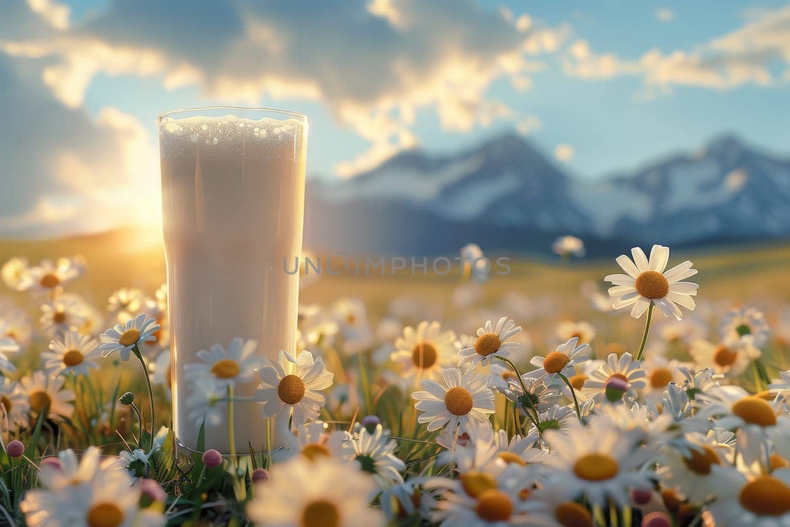 A glass of milk in a chamomile field. World Milk Day.