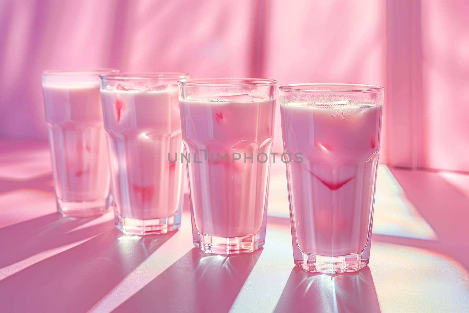 Glasses of milk on a pink background . World Milk Day.