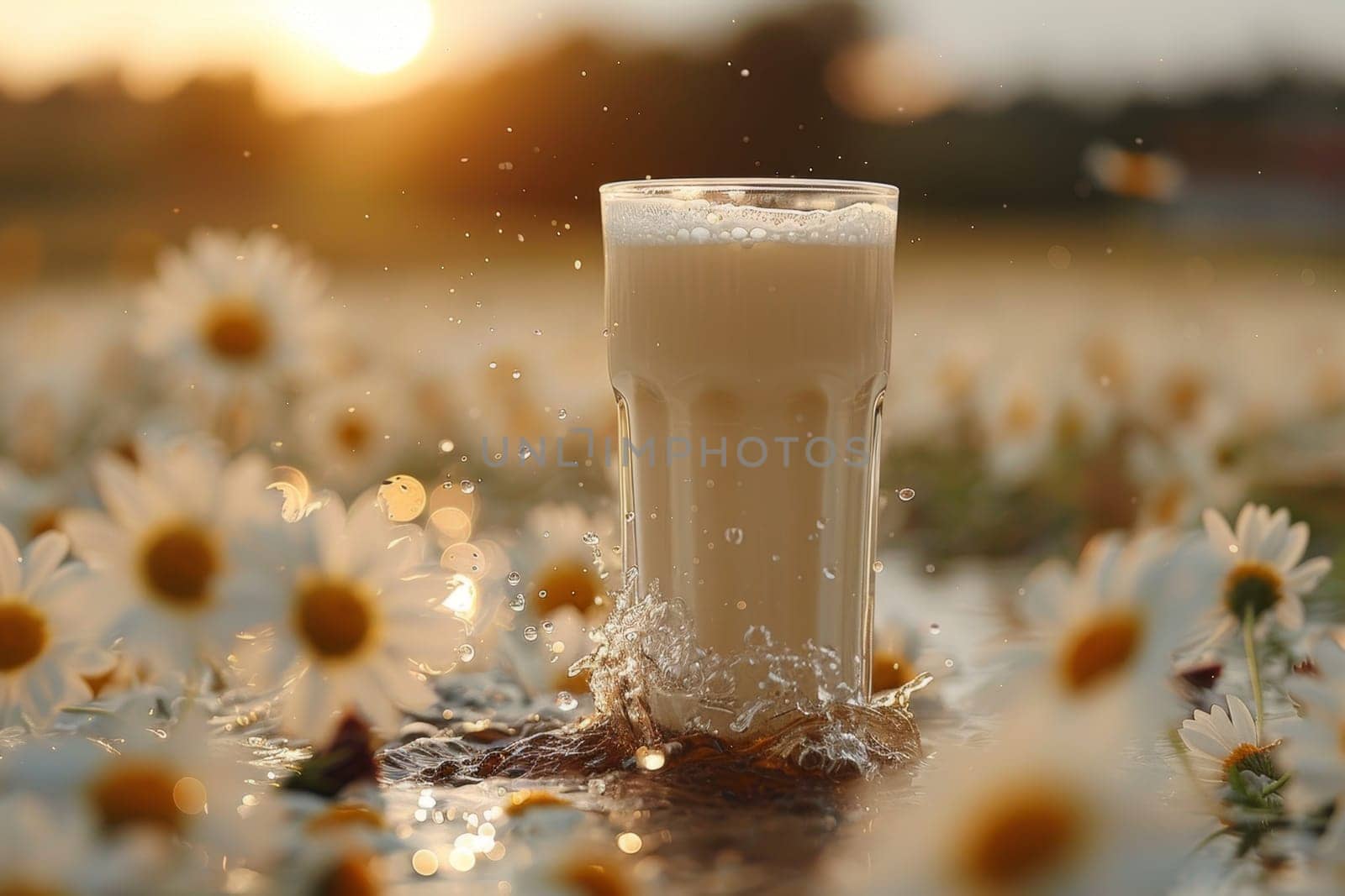 A glass of milk in a chamomile field. World Milk Day by Lobachad