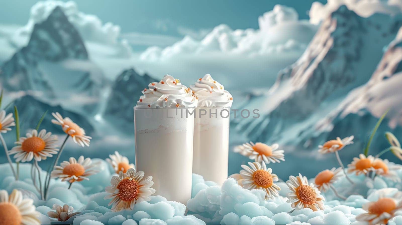 two glasses of milkshake on the background of snowy mountains . World Milk Day by Lobachad