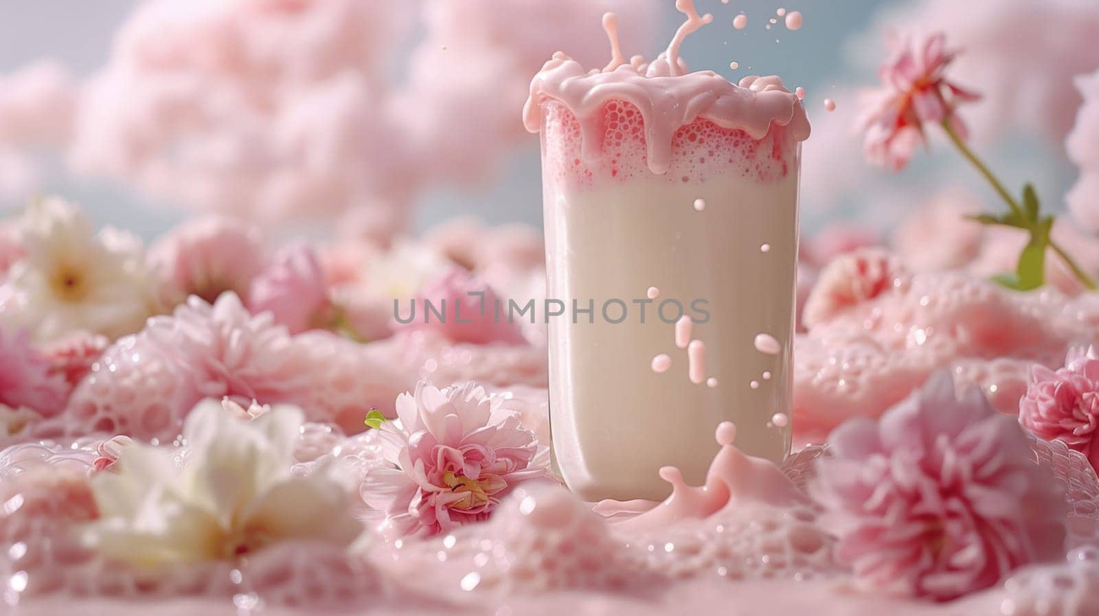 A glass of milk on a pink background . World Milk Day by Lobachad