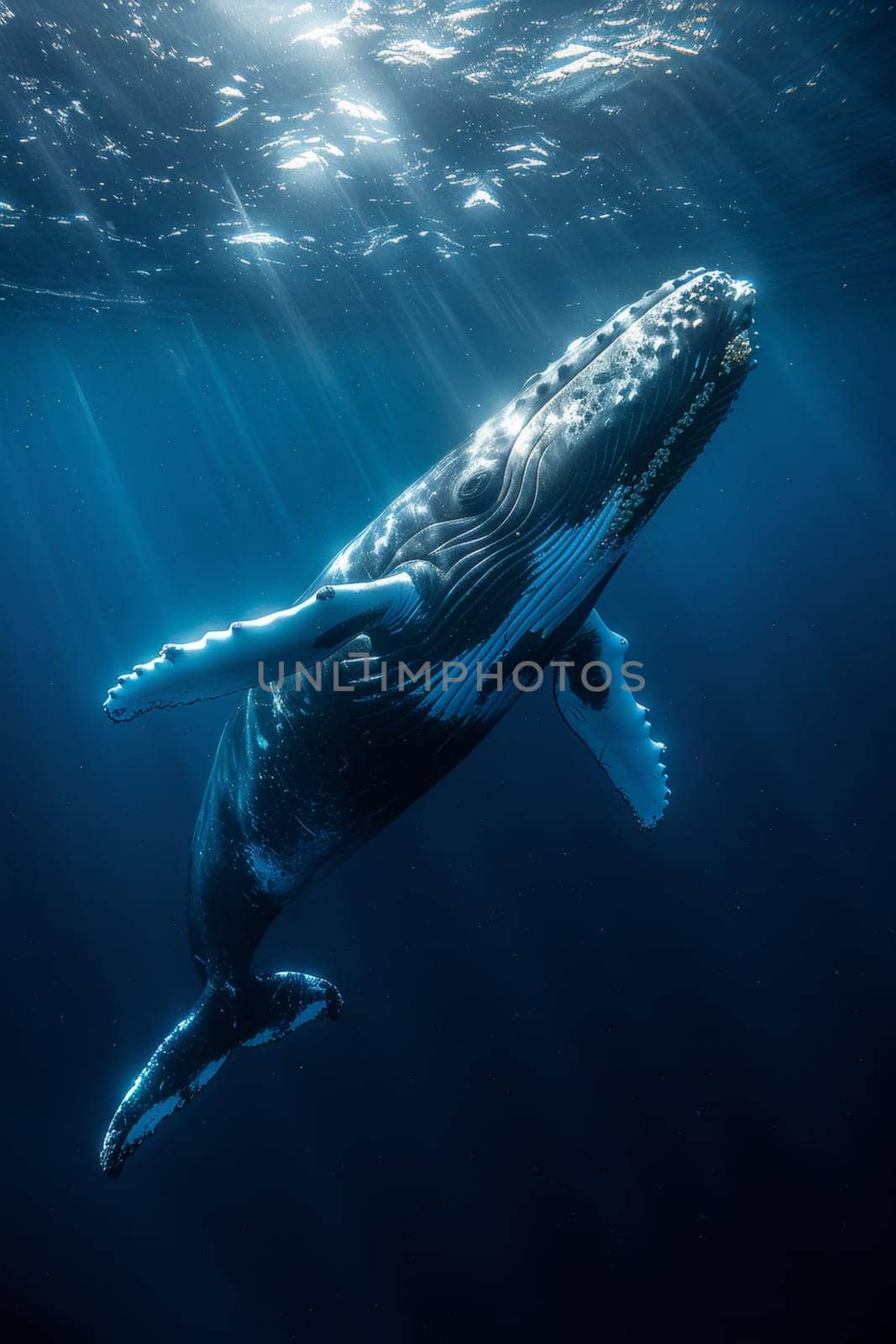 World Oceans Day. A floating whale underwater.