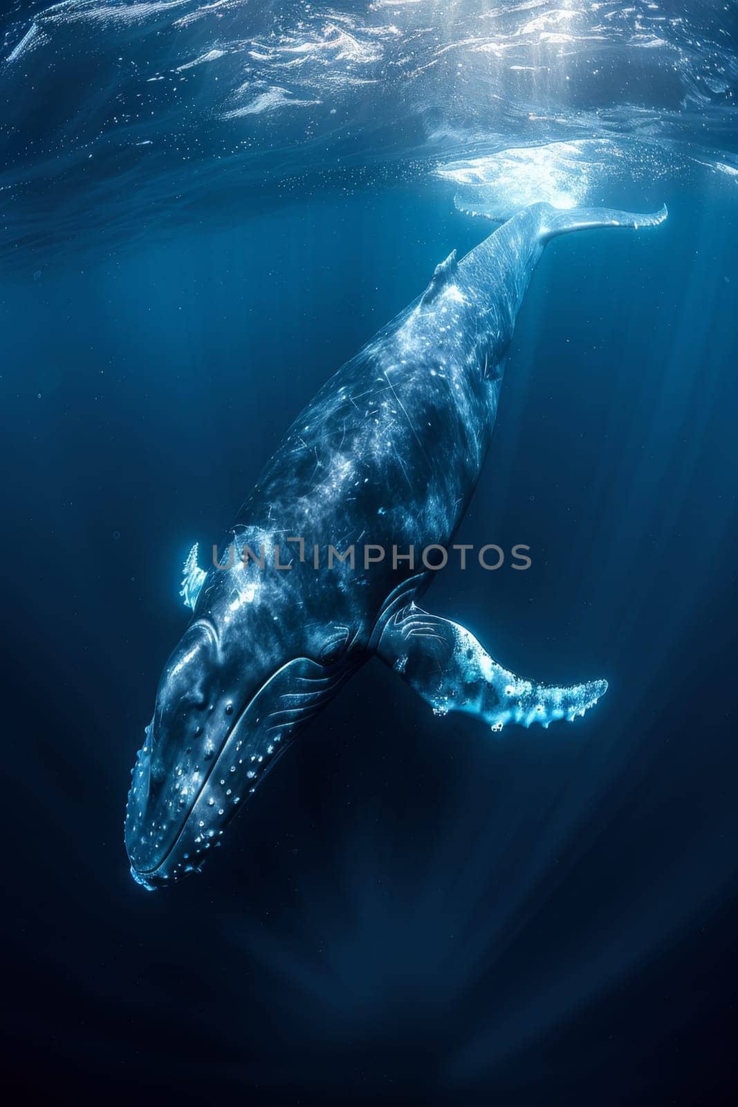 World Oceans Day. A floating whale underwater.