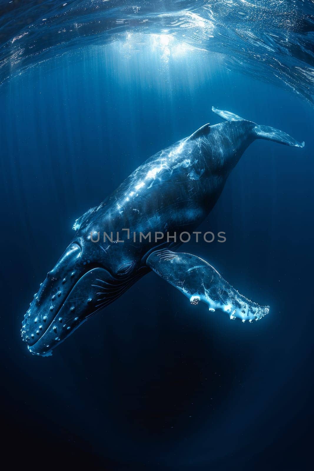 World Oceans Day. A floating whale underwater.