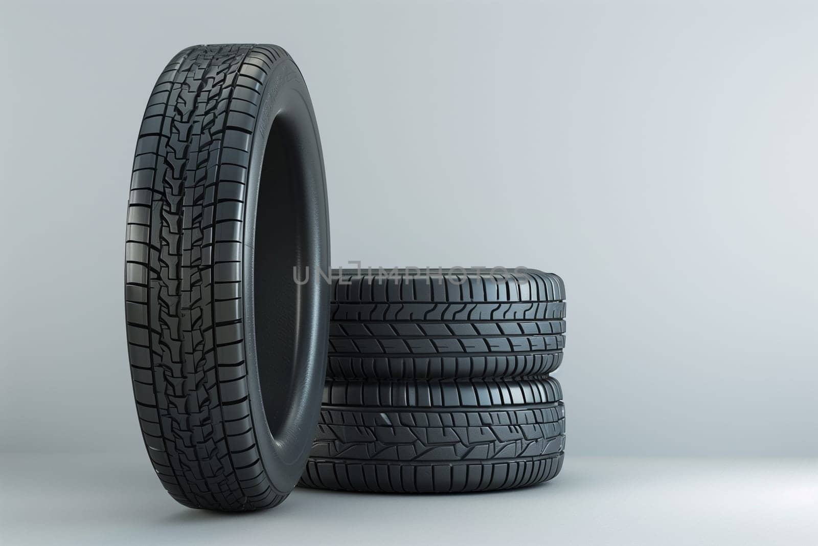 A stack of four tires, each one neatly placed on top of the other, creating a vertical arrangement of rubber wheels.